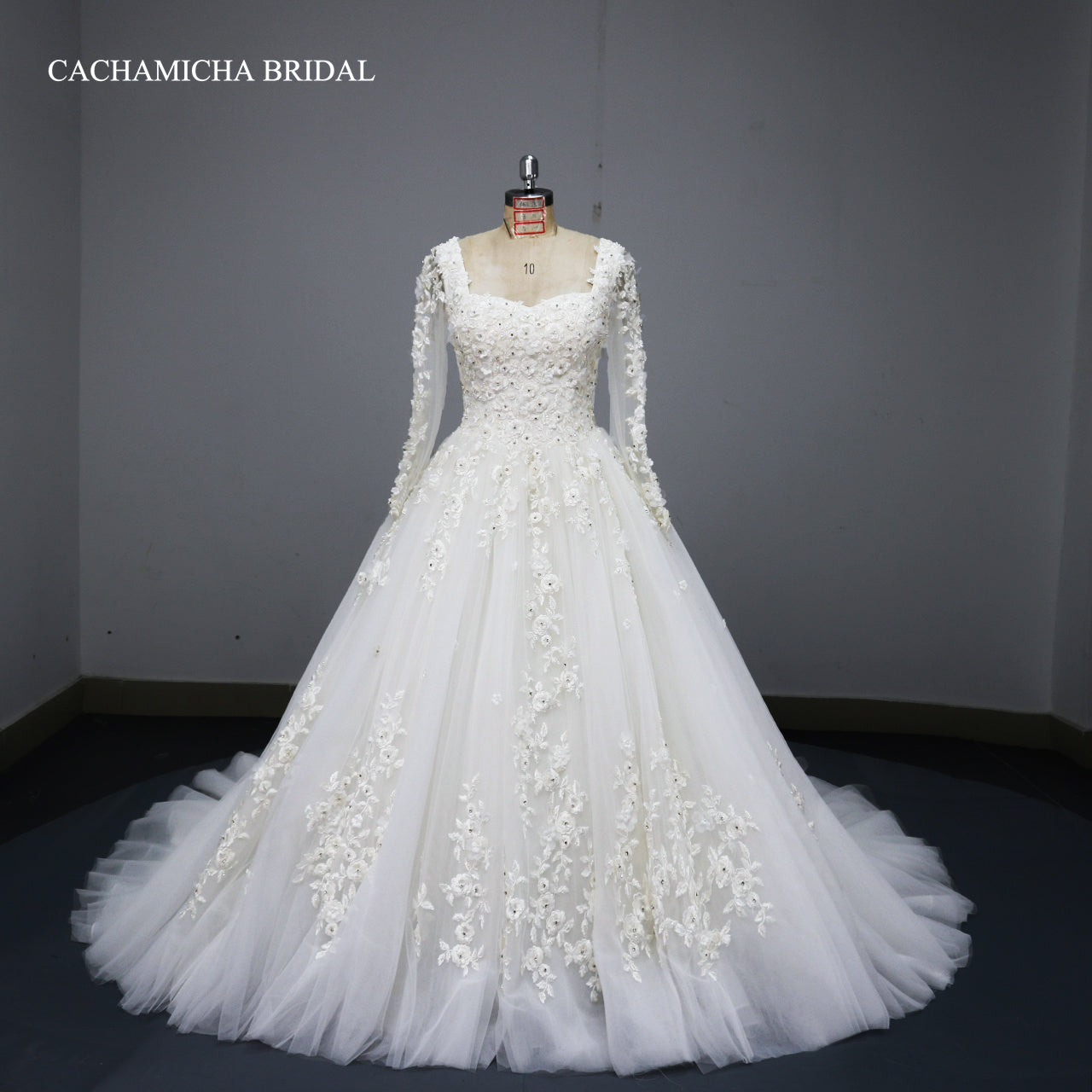 Queen Ann Neckline Long Sleeves Lace Ball Gown Wedding Dress DW06