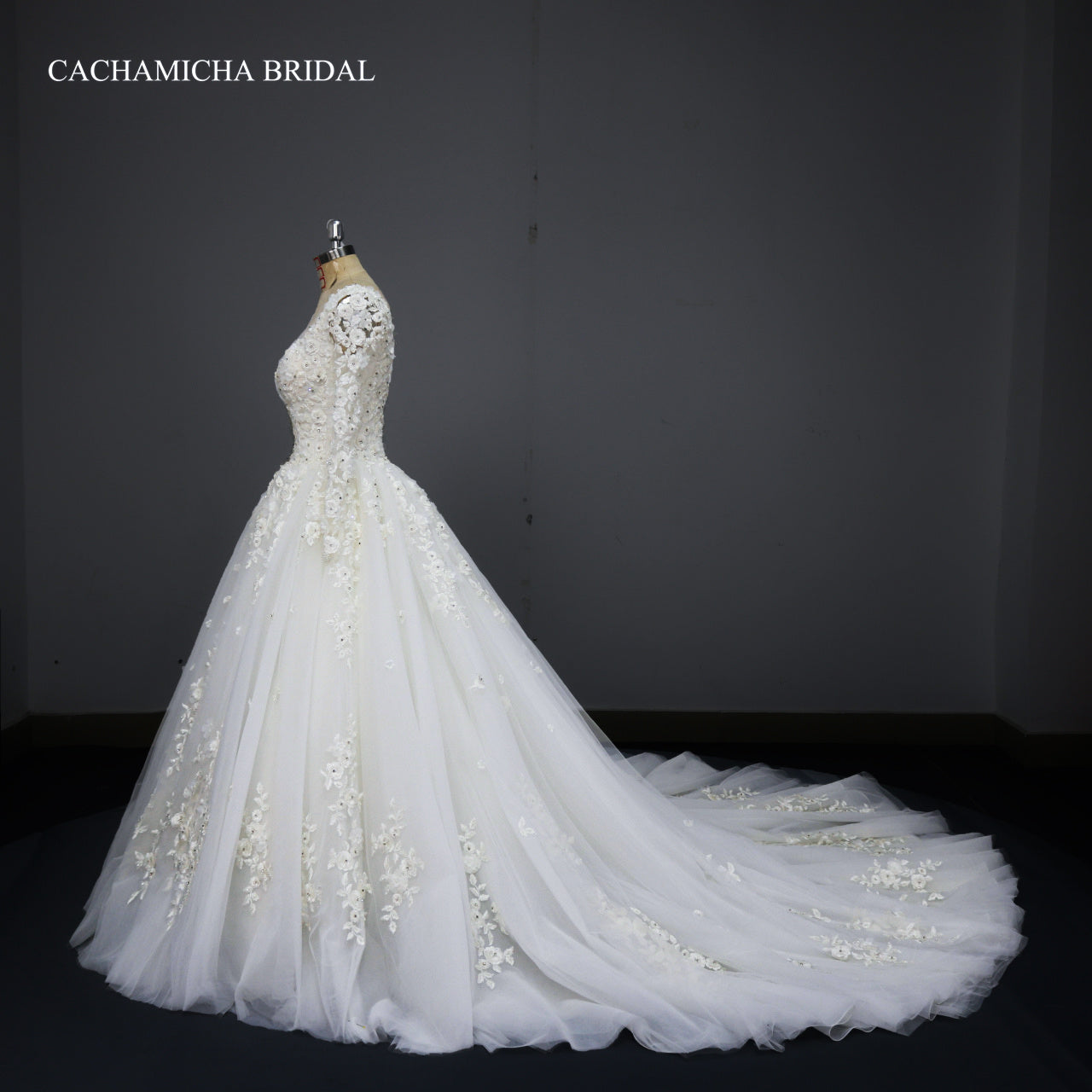Queen Ann Neckline Long Sleeves Lace Ball Gown Wedding Dress DW06