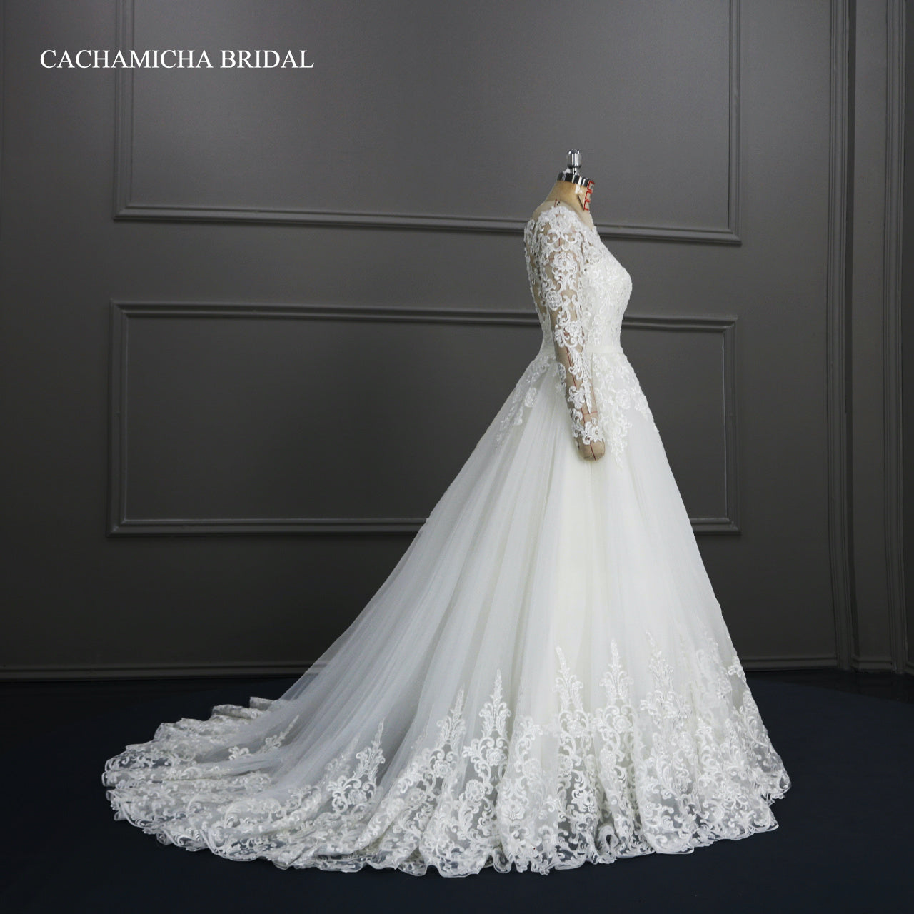 Boat Neck Sequin Embroidered Long Sleeves Wedding Gown DW28