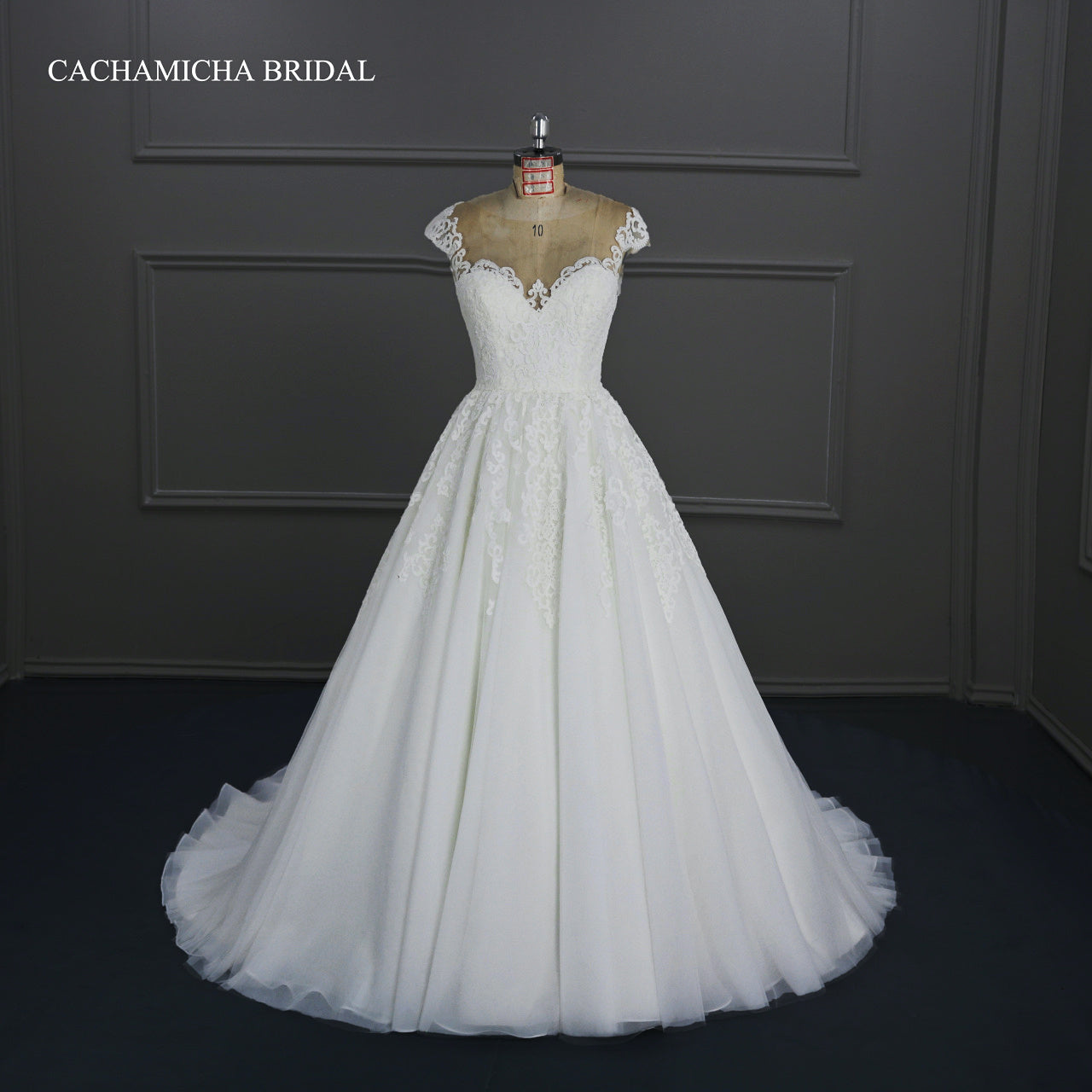 Illusion Back Cap Sleeves Lace Ball Gown Wedding Dress DW33
