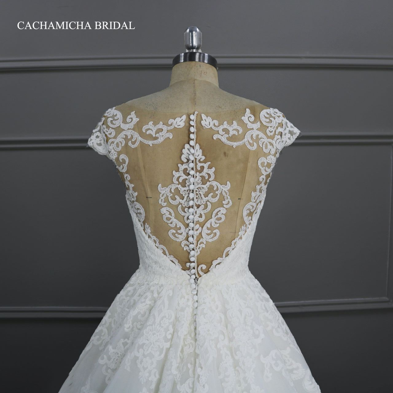 Illusion Back Cap Sleeves Lace Ball Gown Wedding Dress DW33