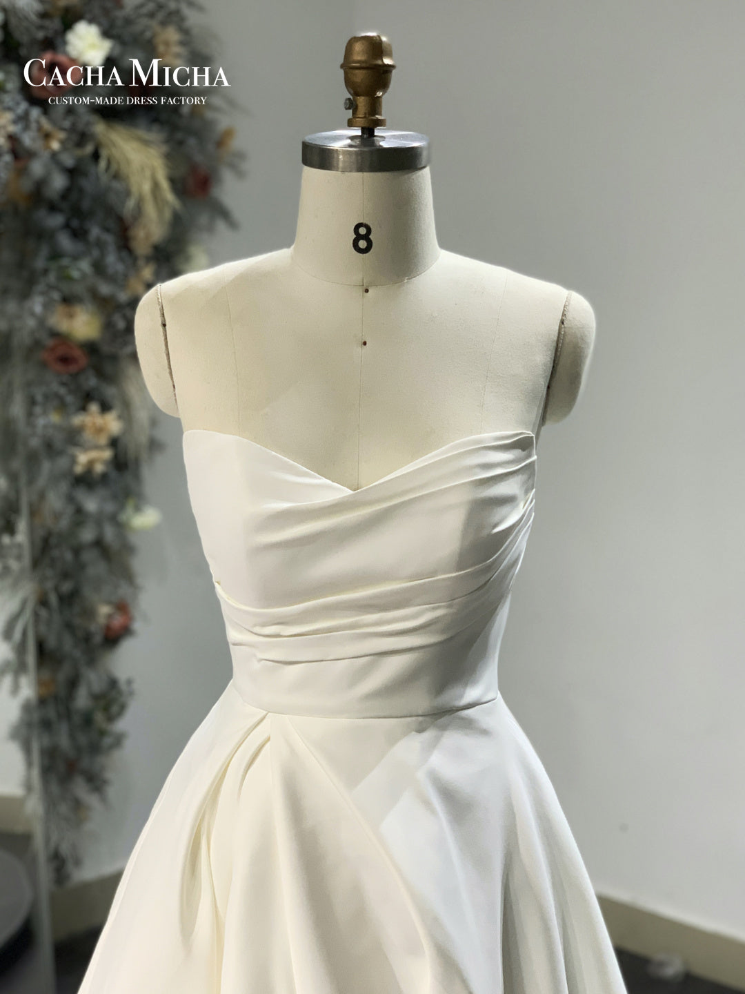 Elegant Pleated Bodice Side Slit Satin Wedding Dress R3016