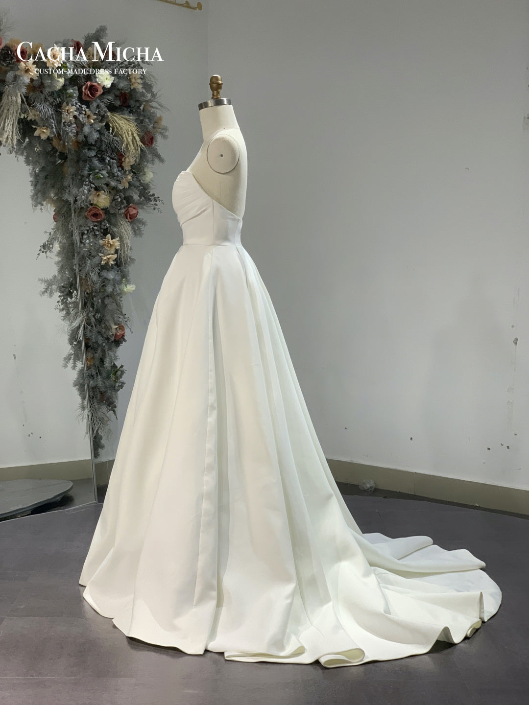 Elegant Pleated Bodice Side Slit Satin Wedding Dress R3016