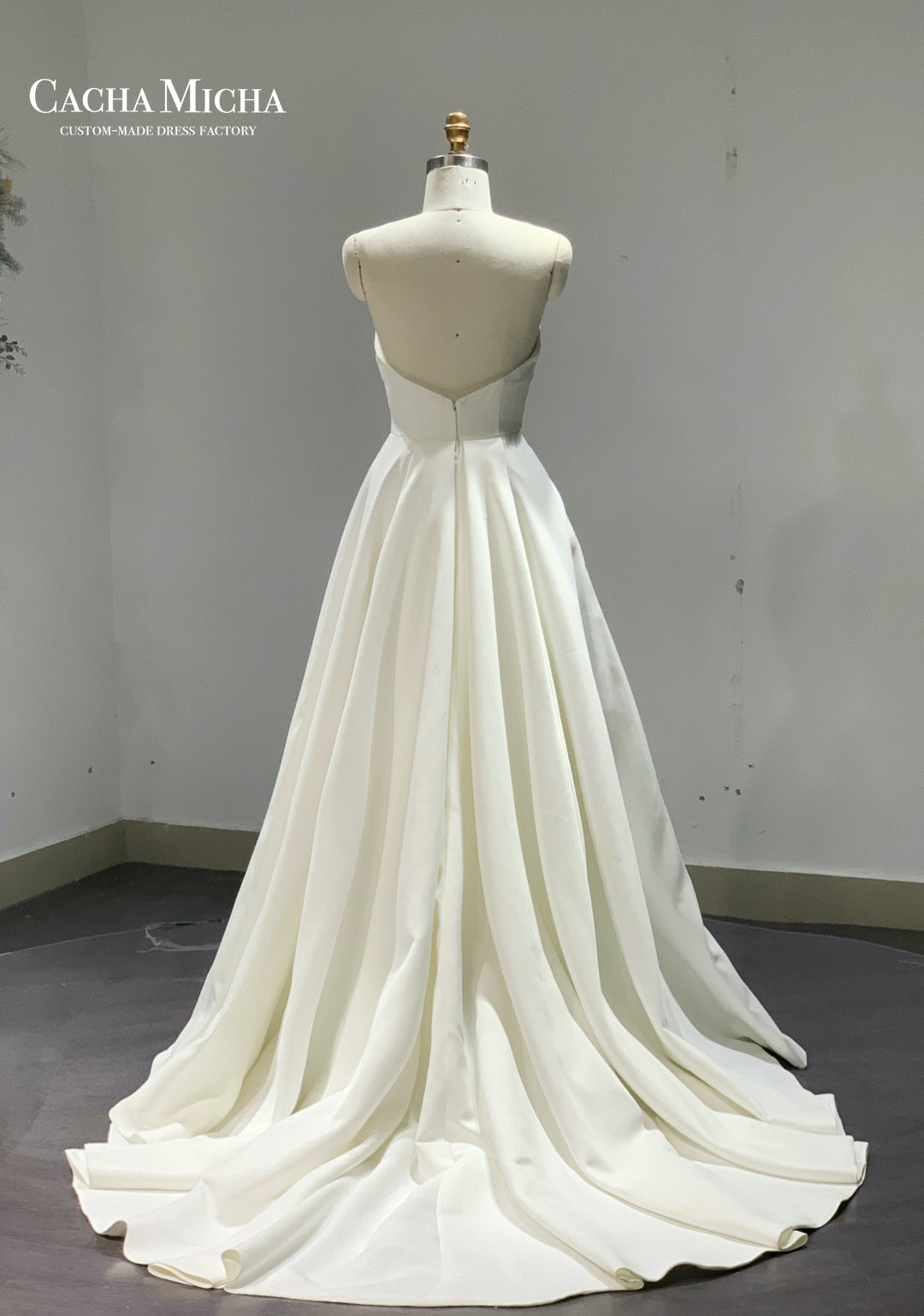 Elegant Pleated Bodice Side Slit Satin Wedding Dress R3016
