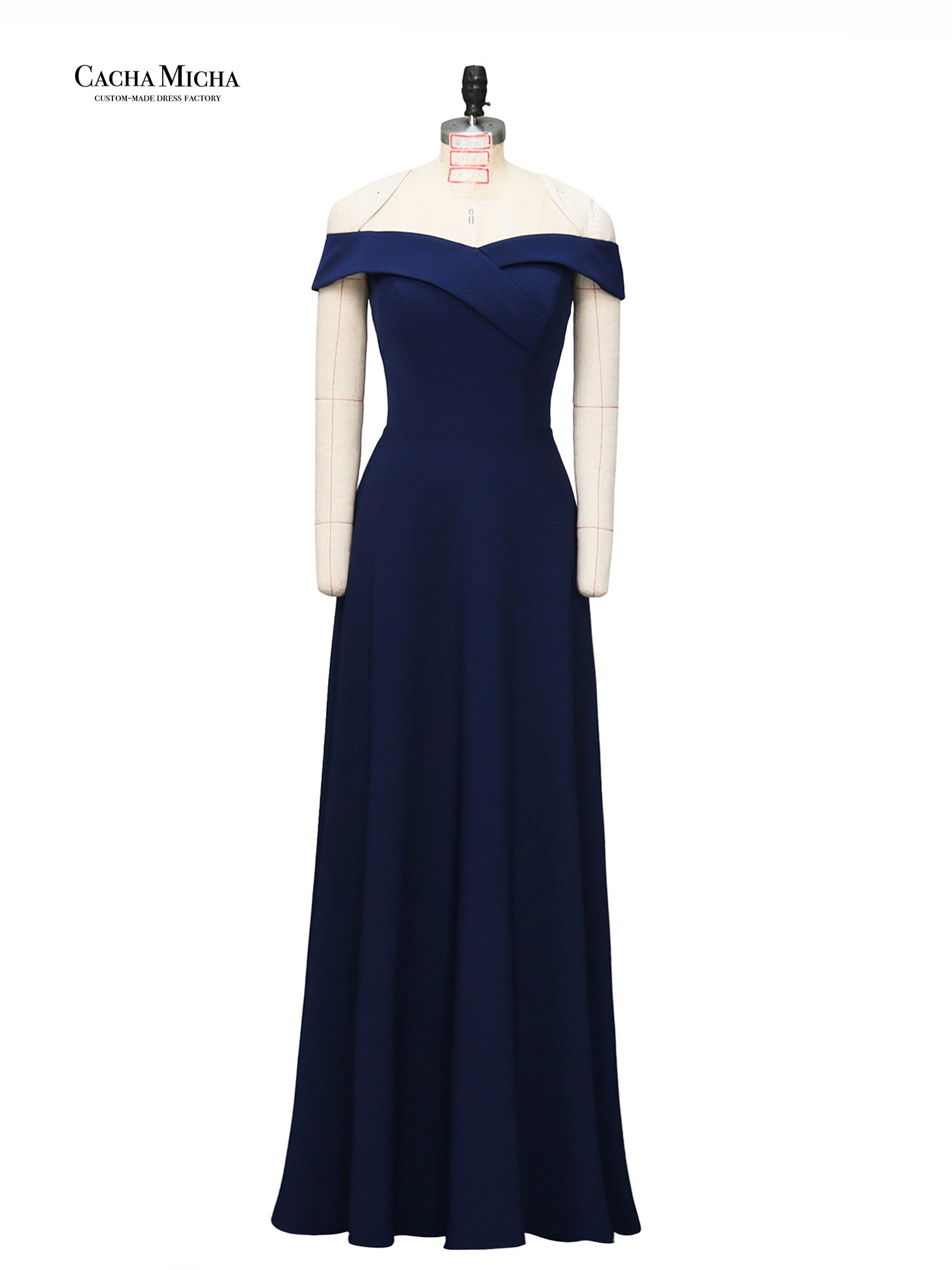 off shoulder floor length navy bridesmaid dress DB3395
