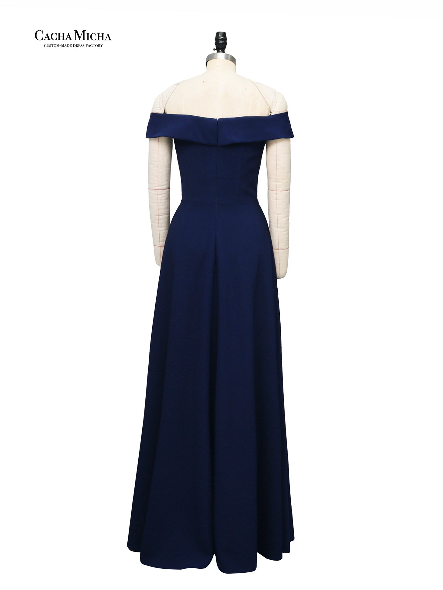 off shoulder floor length navy bridesmaid dress DB3395