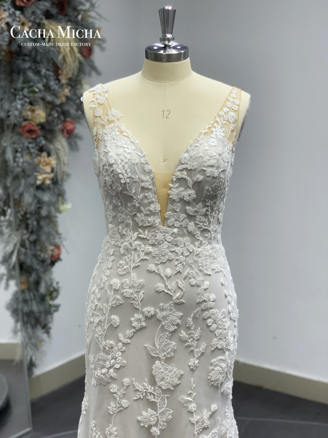Plunging Neck Heavy Beaded Lace Mermaid Bridal Dress R3688