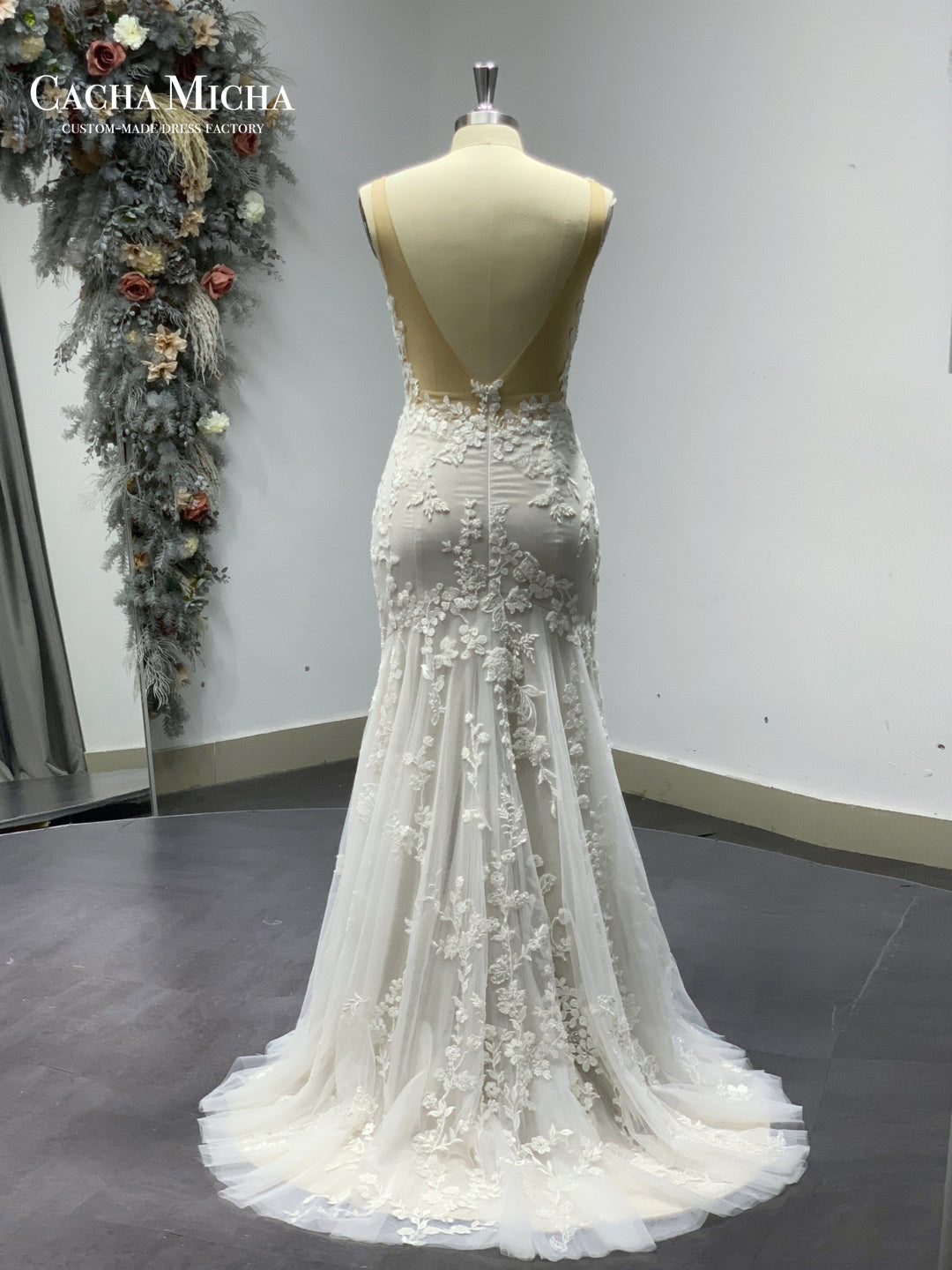 Plunging Neck Heavy Beaded Lace Mermaid Bridal Dress R3688