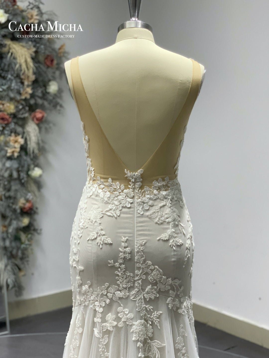 Plunging Neck Heavy Beaded Lace Mermaid Bridal Dress R3688