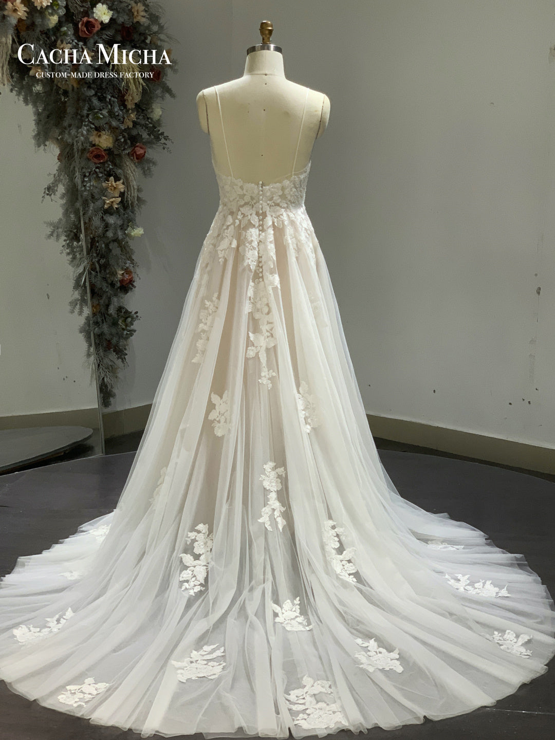 Romantic Lace Illusion Top Blush Pink Bridal Dress R3861