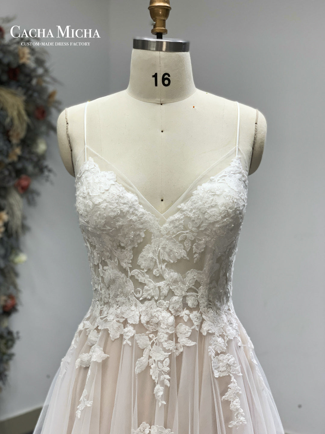 Romantic Lace Illusion Top Blush Pink Bridal Dress R3861