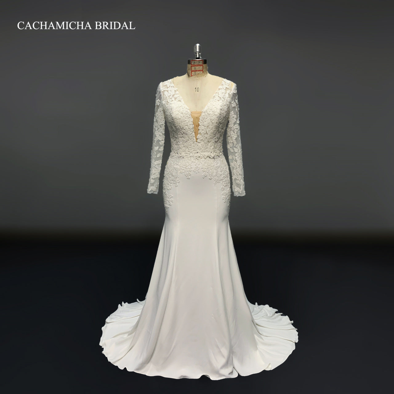 Elegant Long Sleeves Lace Crepe Bridal Gown 3925