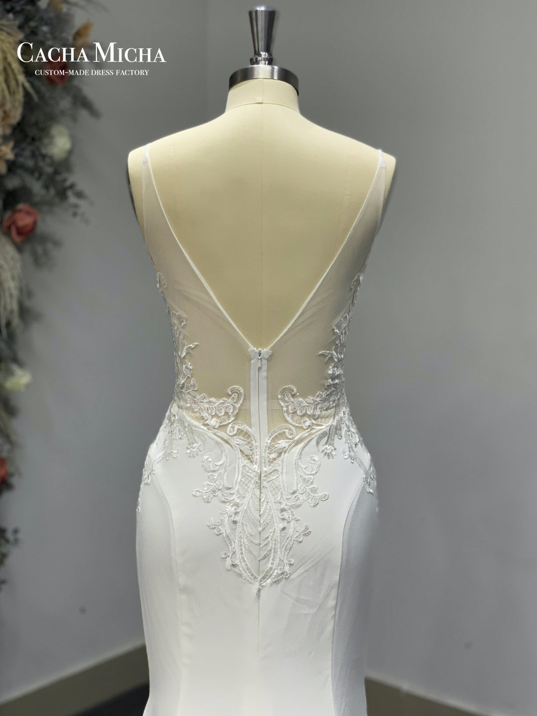 Illusion Floral Train Lace Mermaid Bridal Dress R4177