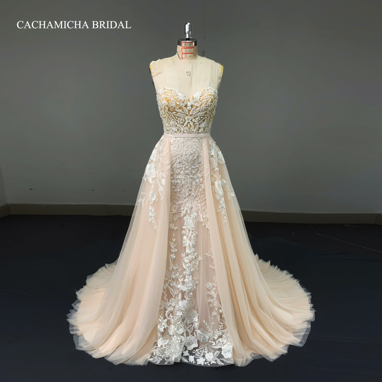Detachable Over Skirt Blush Beaded Lace Bridal Dress 4175