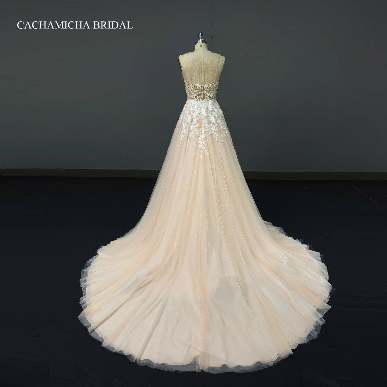 Detachable Over Skirt Blush Beaded Lace Bridal Dress 4175