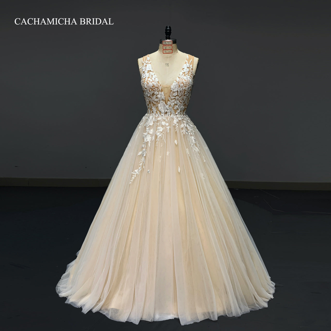 Illusion Back Lace Champagne Ball Gown Wedding Gown 4193