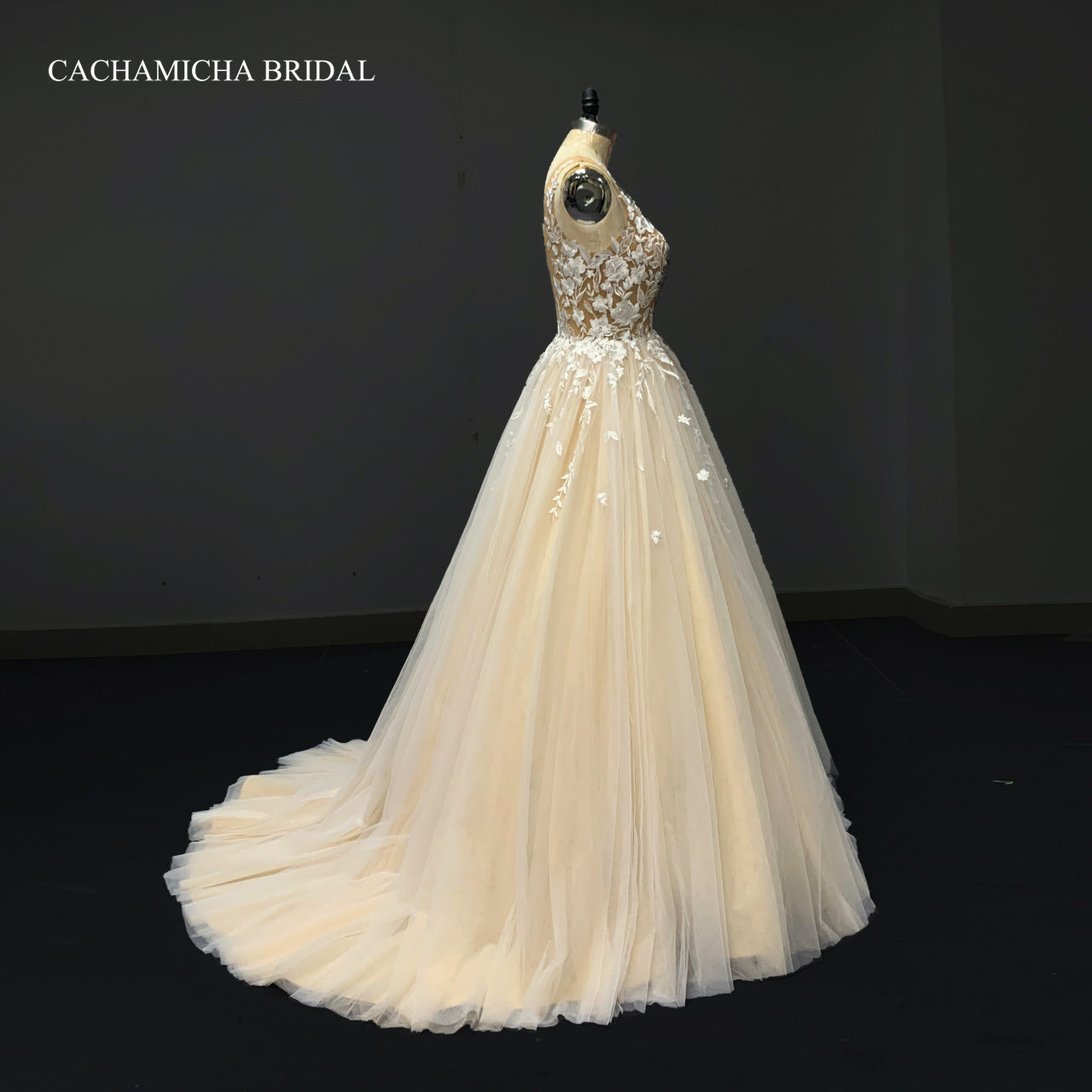 Illusion Back Lace Champagne Ball Gown Wedding Gown 4193