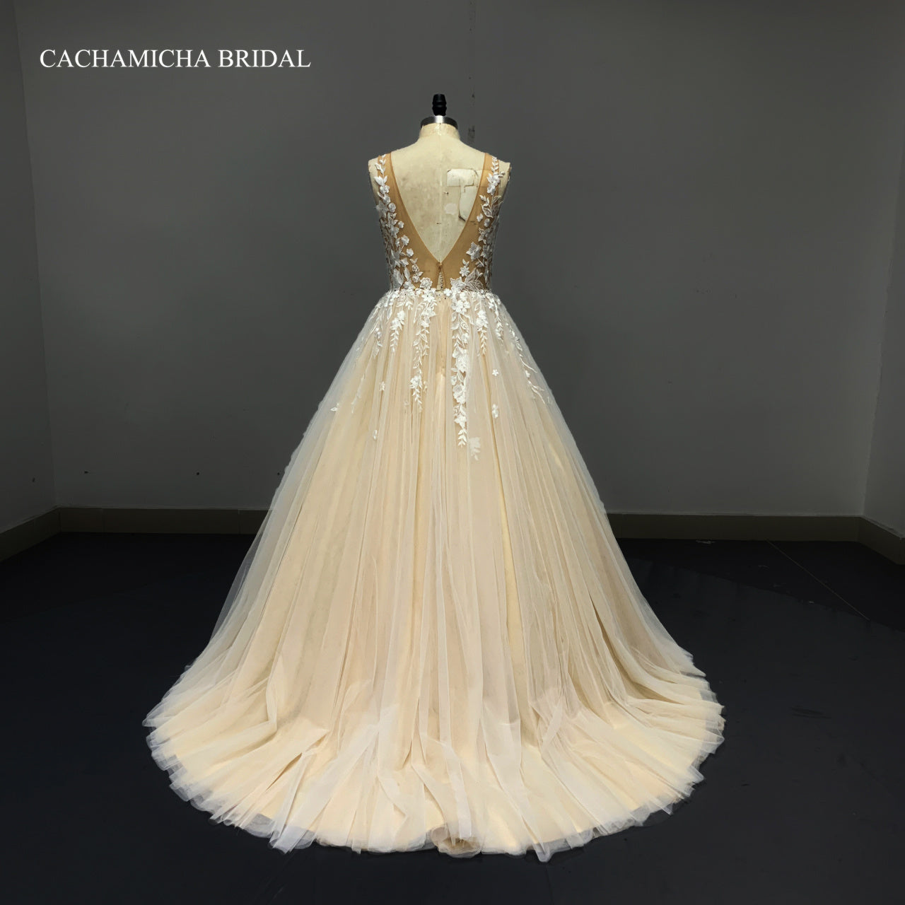 Illusion Back Lace Champagne Ball Gown Wedding Gown 4193