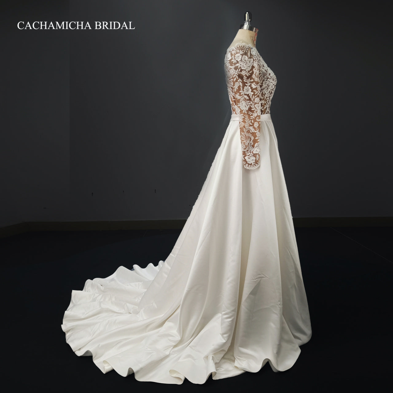 Nude Top Lace Long Sleeves Satin Bridal Gown 4208