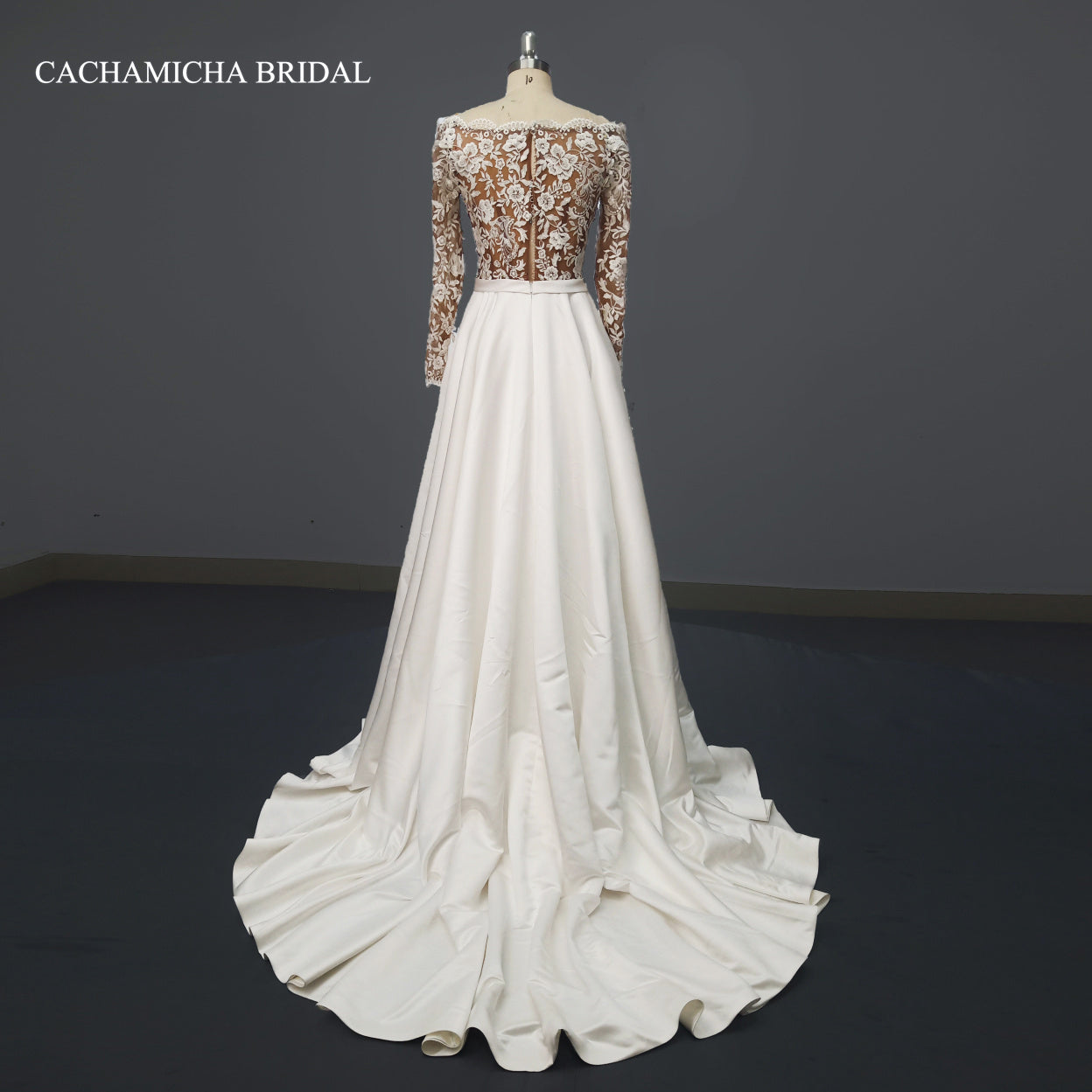 Nude Top Lace Long Sleeves Satin Bridal Gown 4208