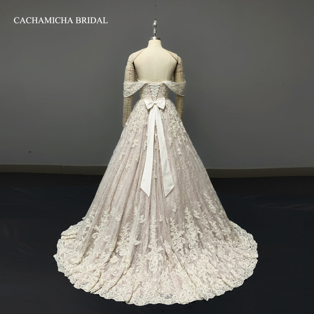 Heavy Beaded Lace Ball Gown Pink Wedding Gown 7027