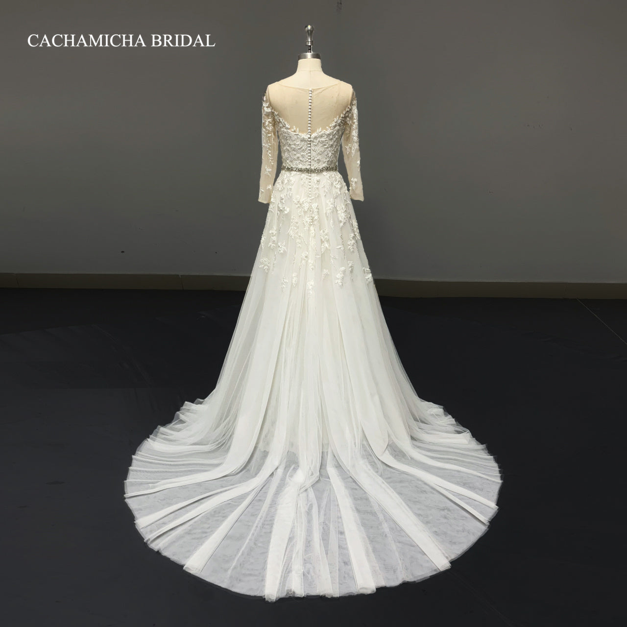 Crystal Beaded Belt Lace Long Sleeves Boho Bridal Gown 7035