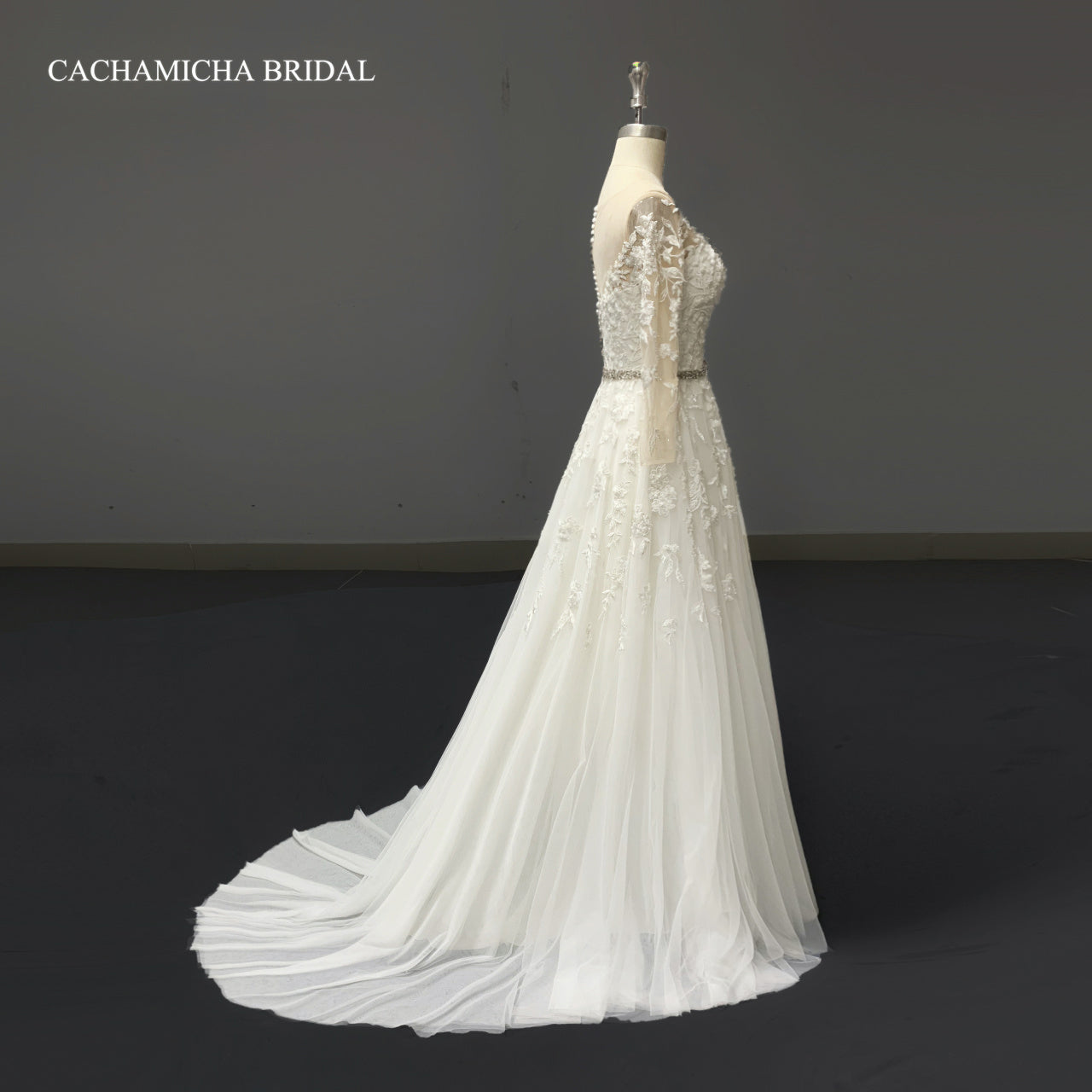 Crystal Beaded Belt Lace Long Sleeves Boho Bridal Gown 7035