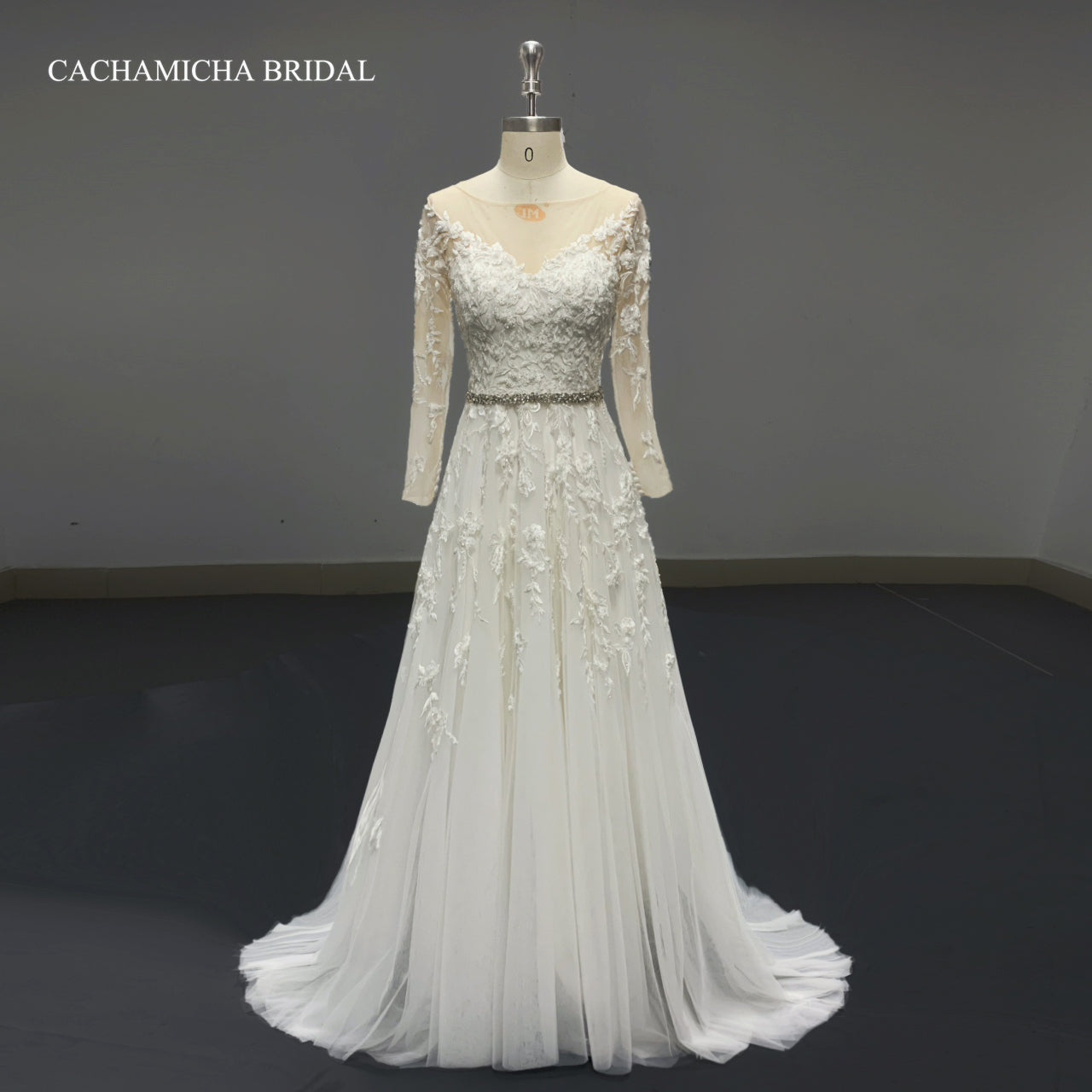 Crystal Beaded Belt Lace Long Sleeves Boho Bridal Gown 7035