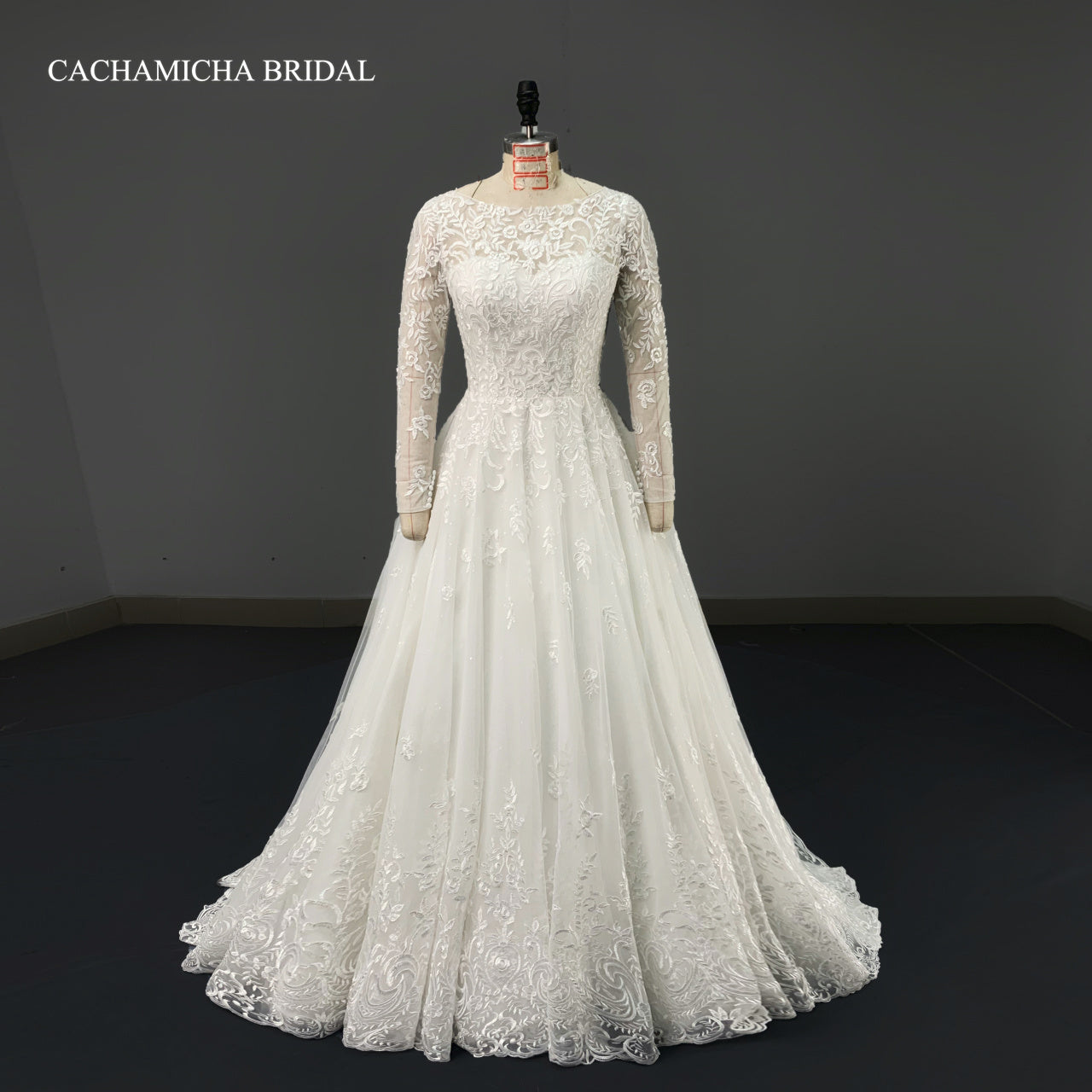 Modest Long Sleeves Boat Neck Lace Wedding Dress 7121