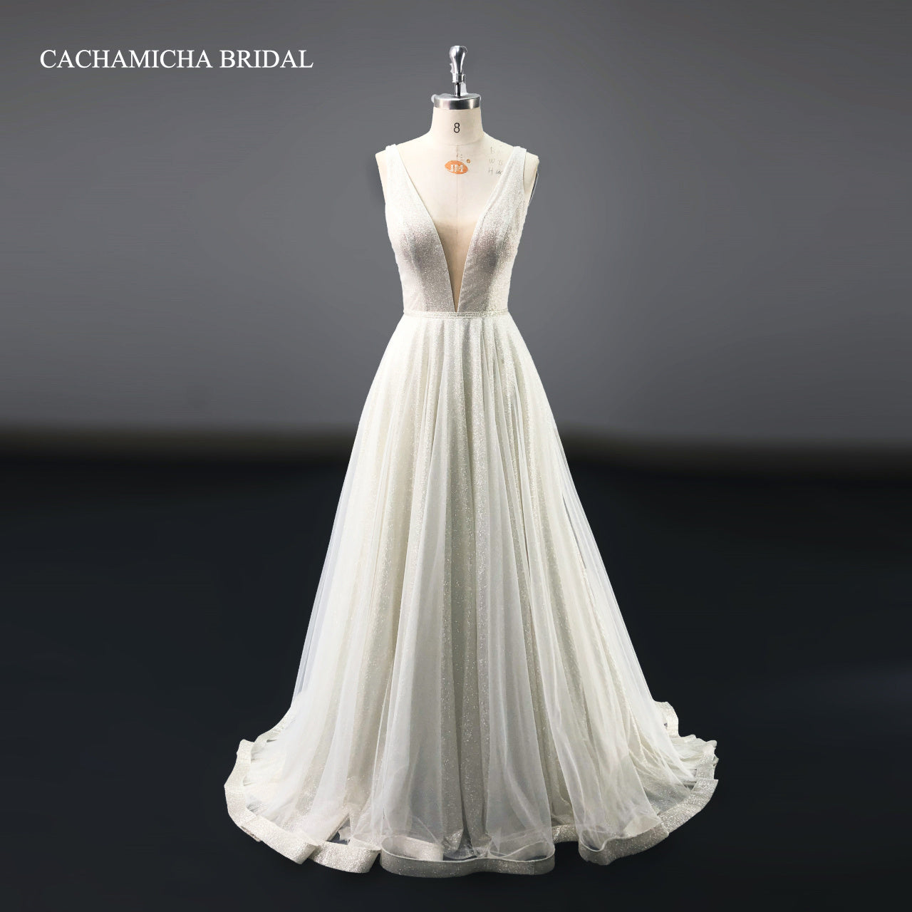 V Back V Neck Glitter Fabric Bridal Gown With Cape 9282