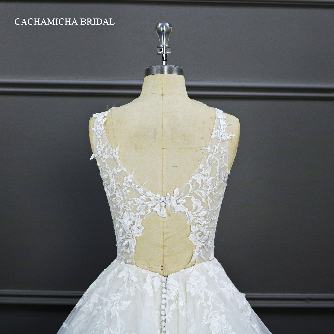 Lace Appliqued Illusion Top Ruffles Ball Gown Wedding Dress J143