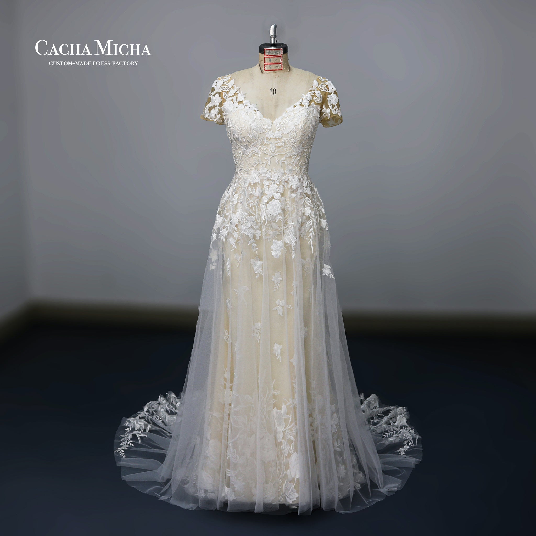 Lace short sleeves champagne wedding dress N1011
