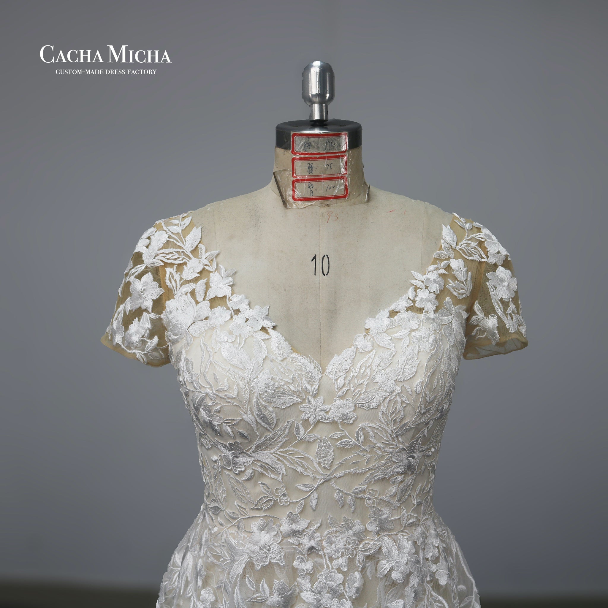 Lace short sleeves champagne wedding dress N1011
