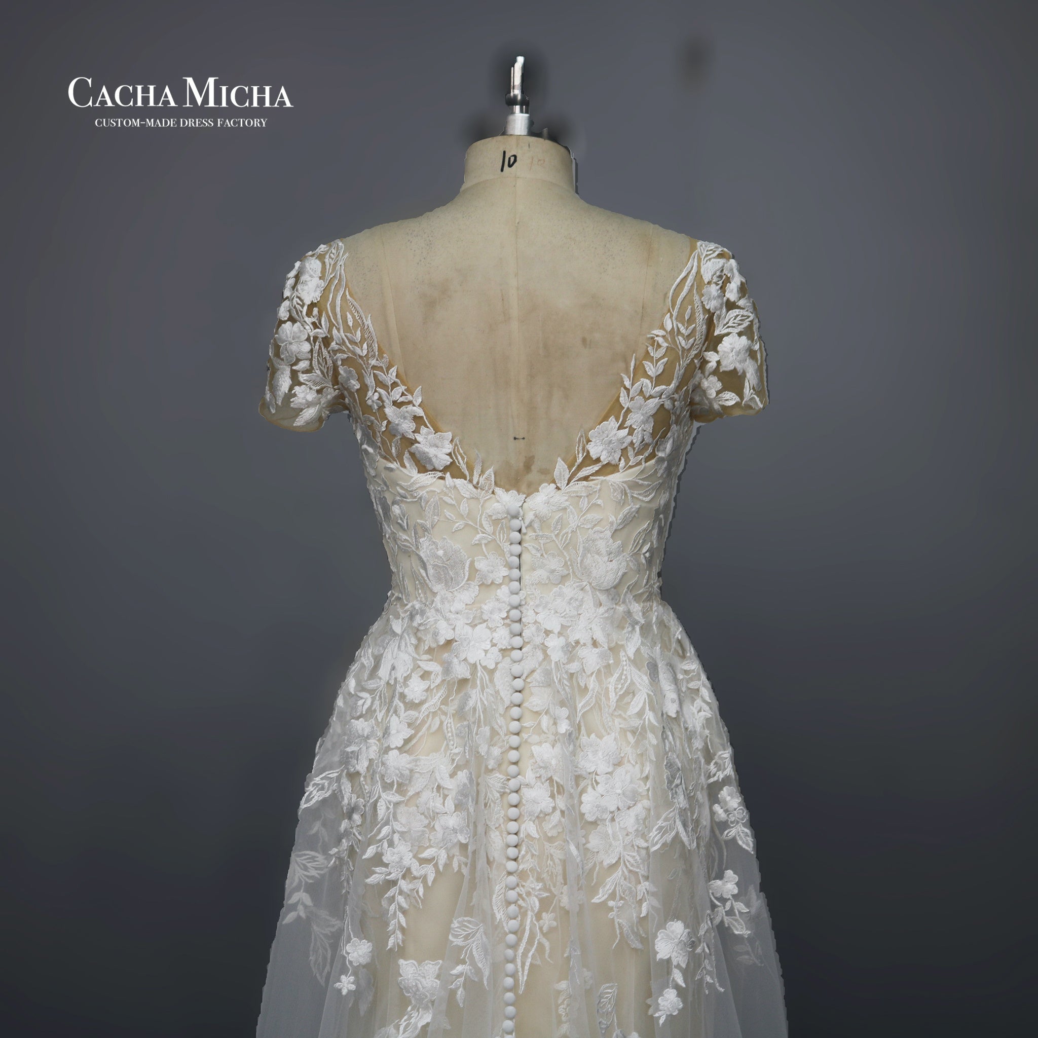 Lace short sleeves champagne wedding dress N1011