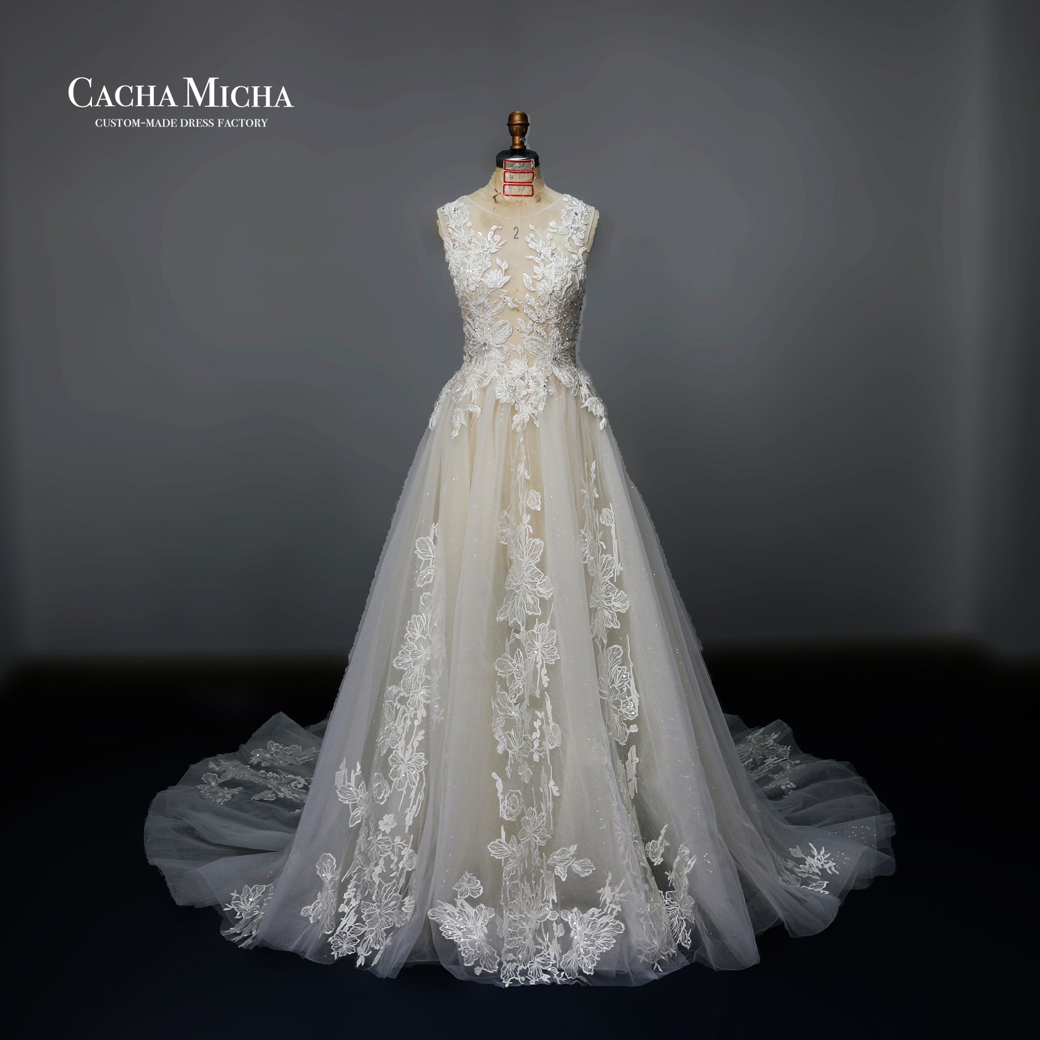 Illusion bodice lace long train bridal gown N1016