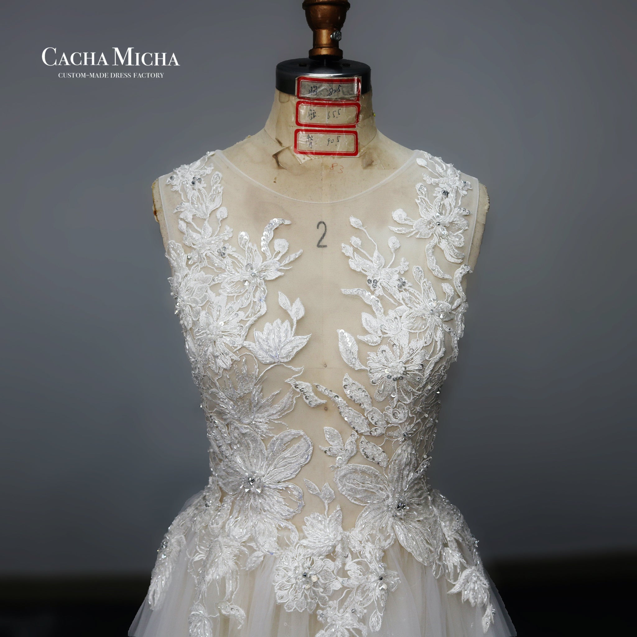 Illusion bodice lace long train bridal gown N1016