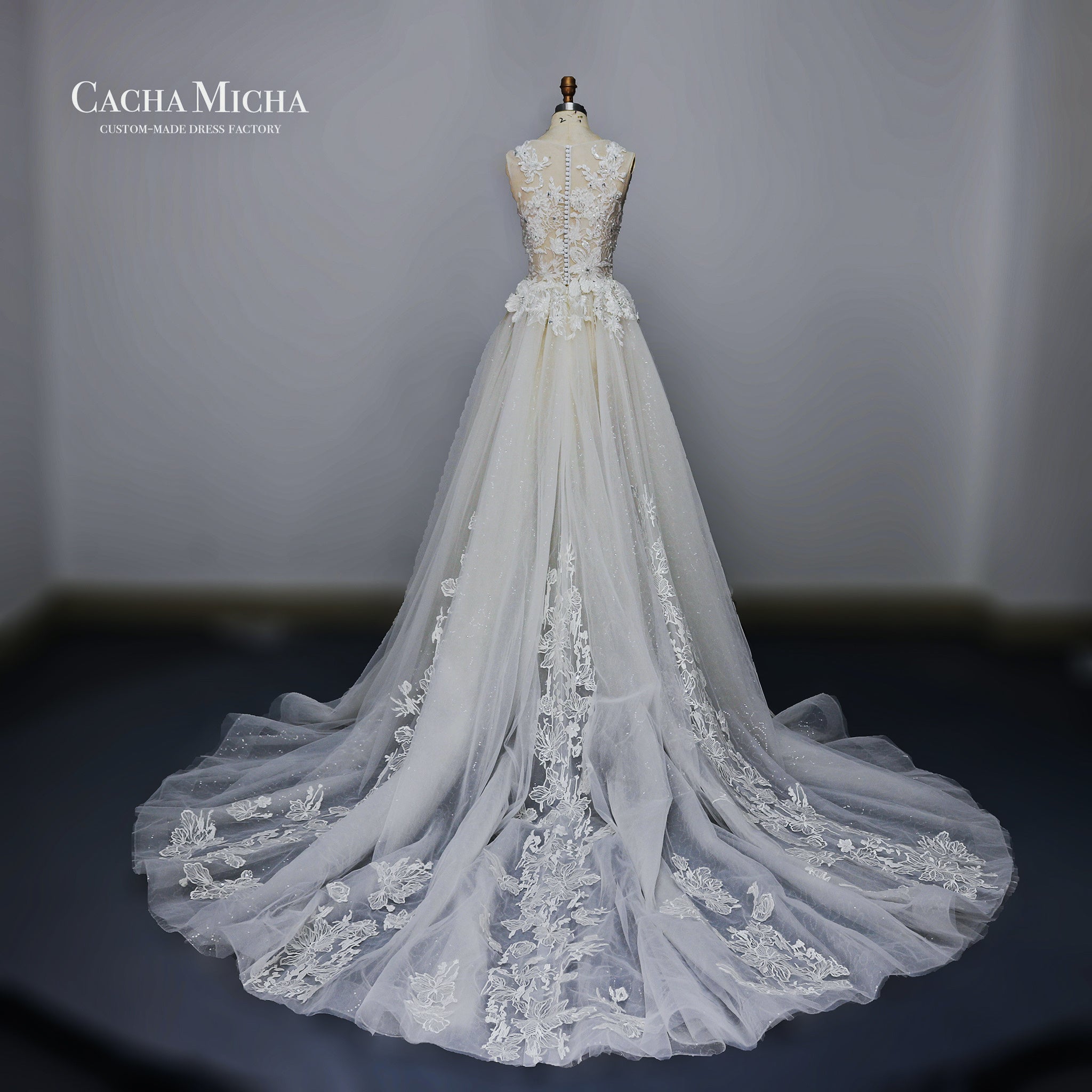 Illusion bodice lace long train bridal gown N1016