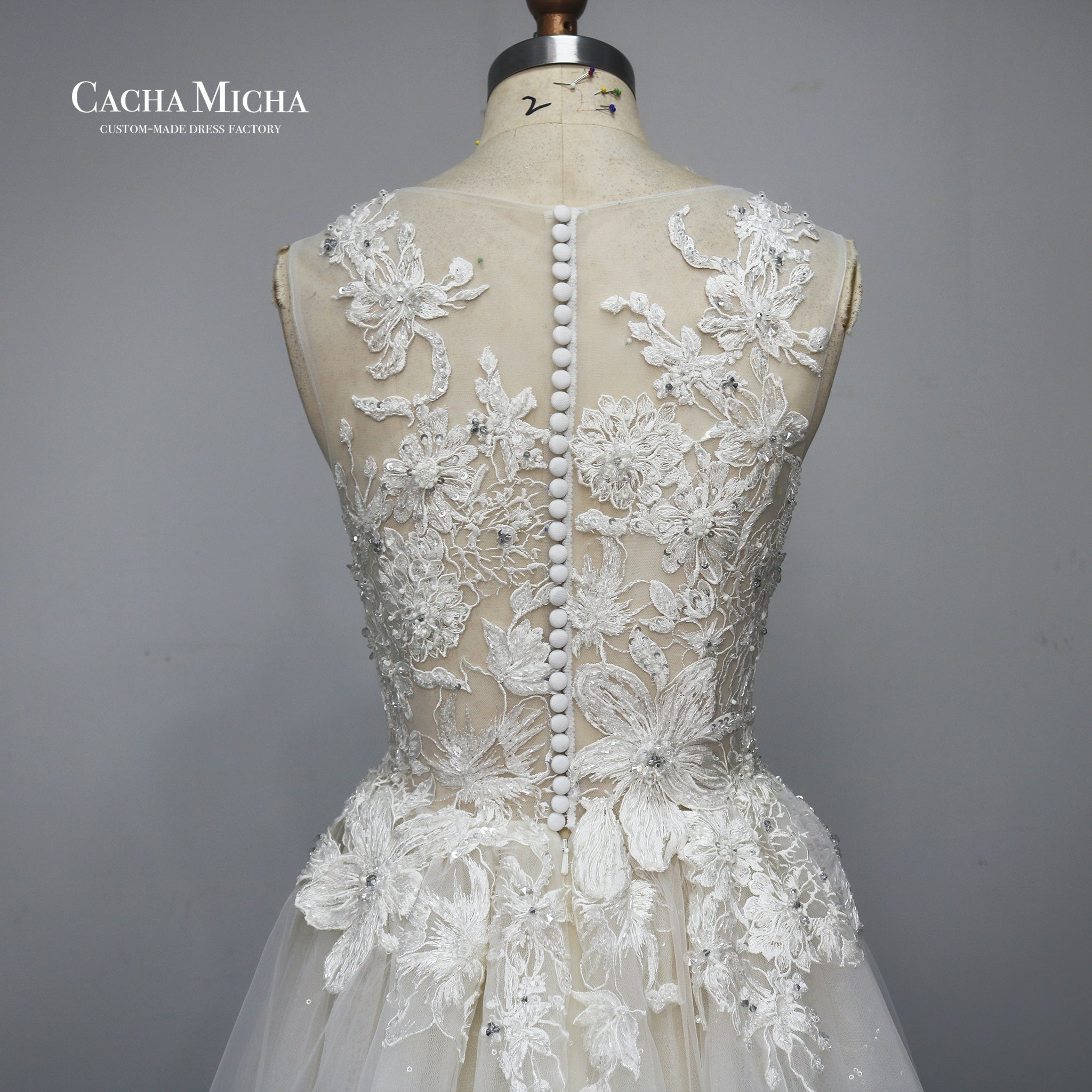 Illusion bodice lace long train bridal gown N1016
