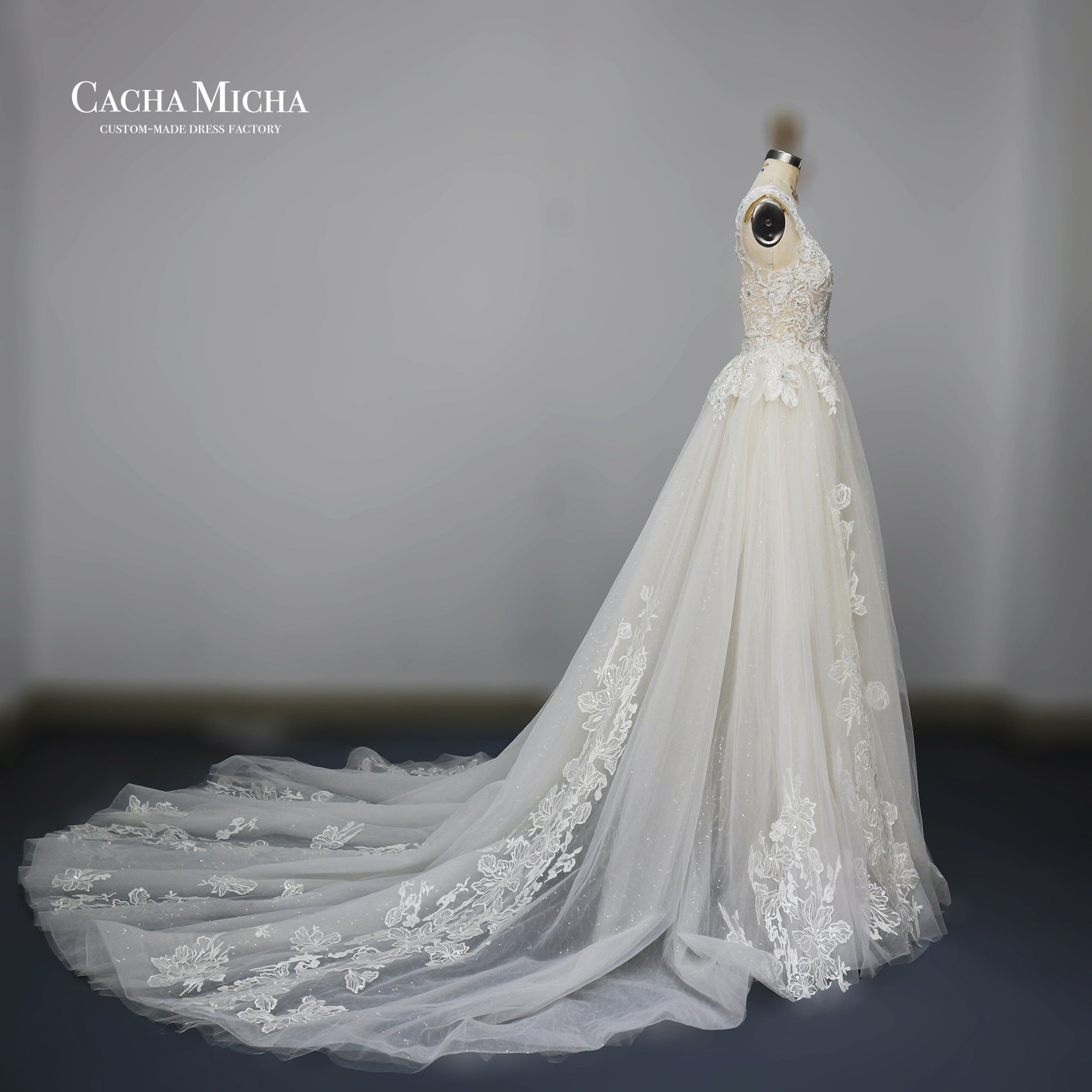 Illusion bodice lace long train bridal gown N1016