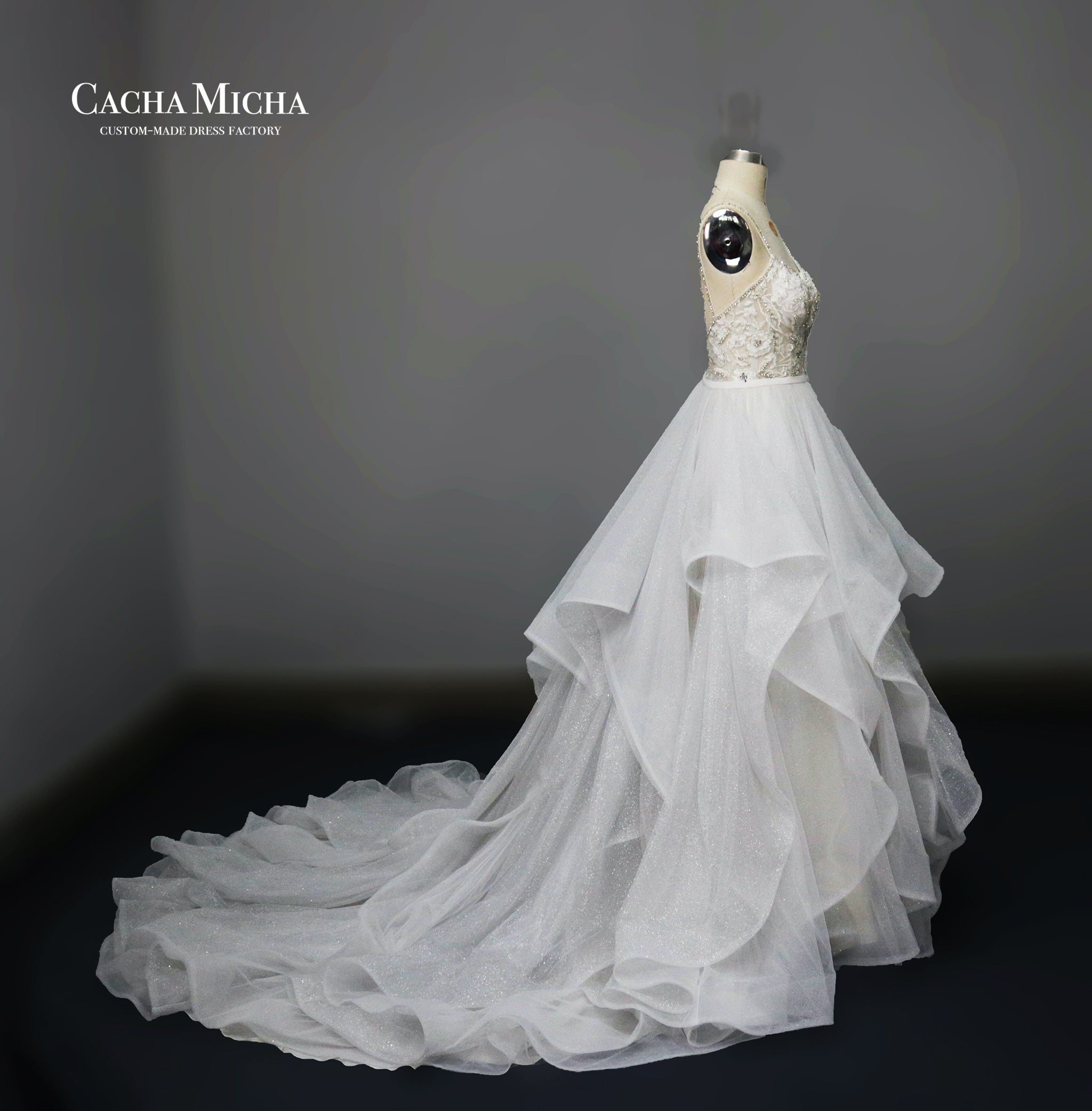 2 in 1 beaded lace wedding dress with ruffled skirt N1017