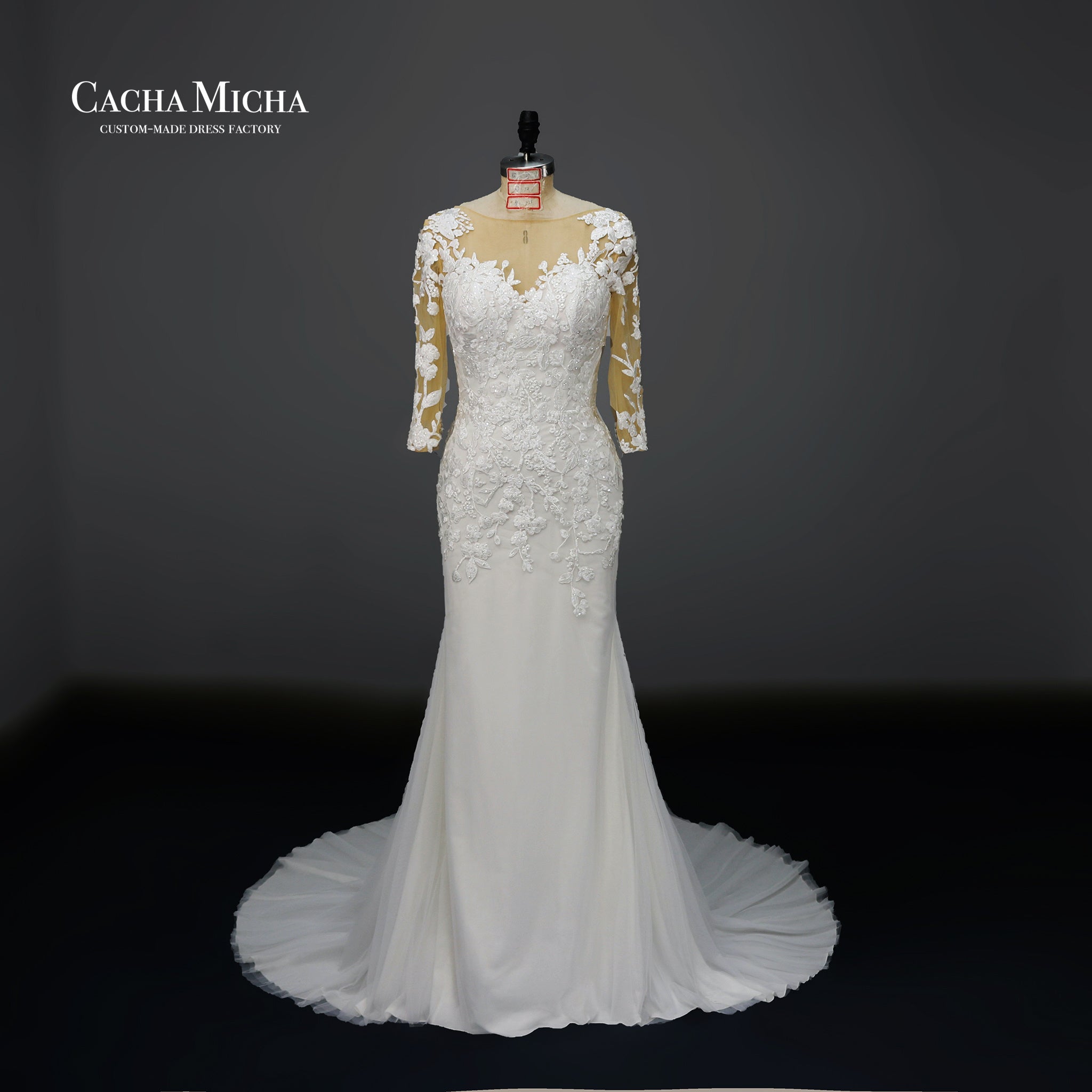 Beaded 3/4 sleeves lace mermaid wedding dress N1018