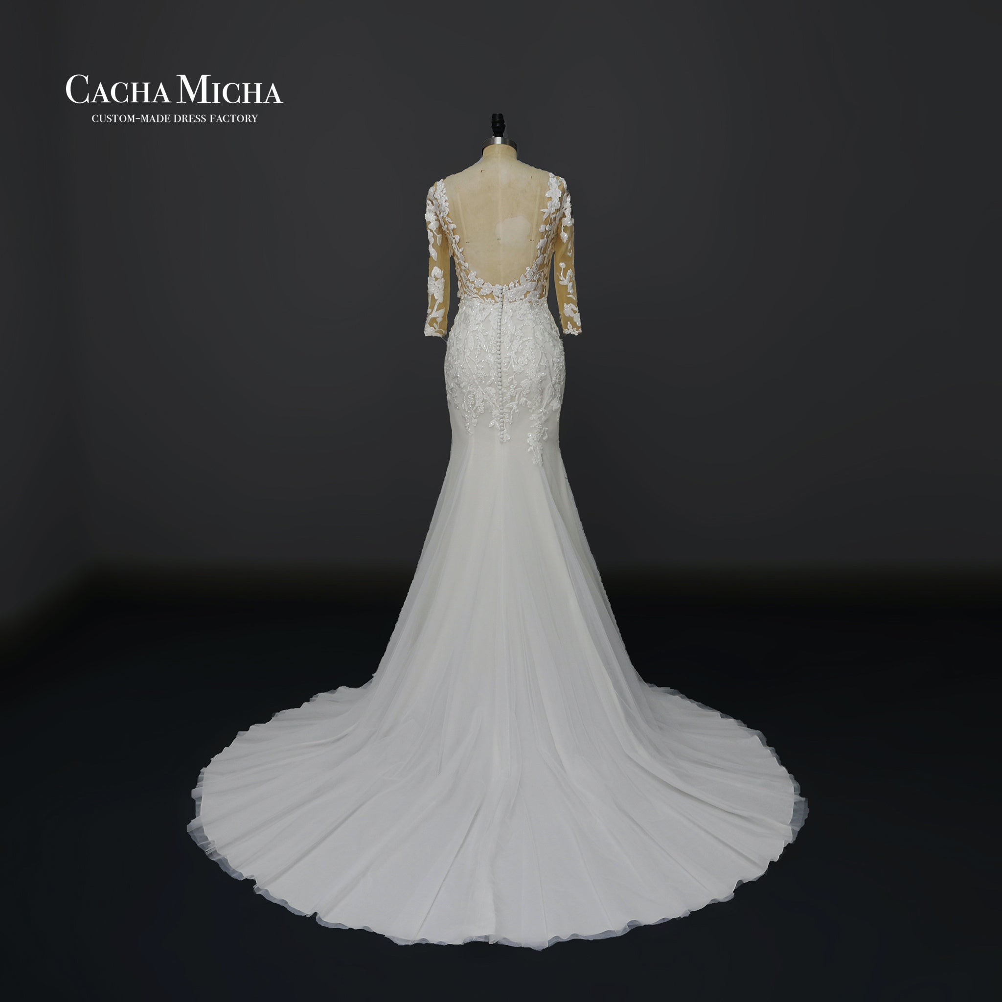 Beaded 3/4 sleeves lace mermaid wedding dress N1018