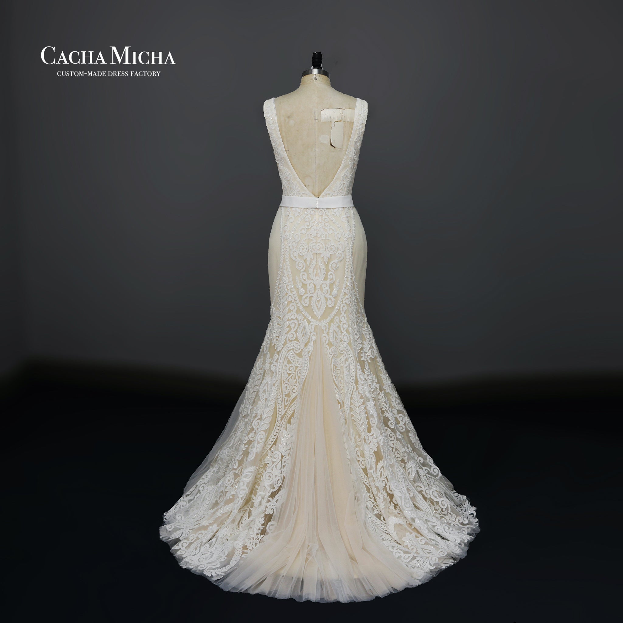 Specail lace champagne boho lace wedding dress N1019