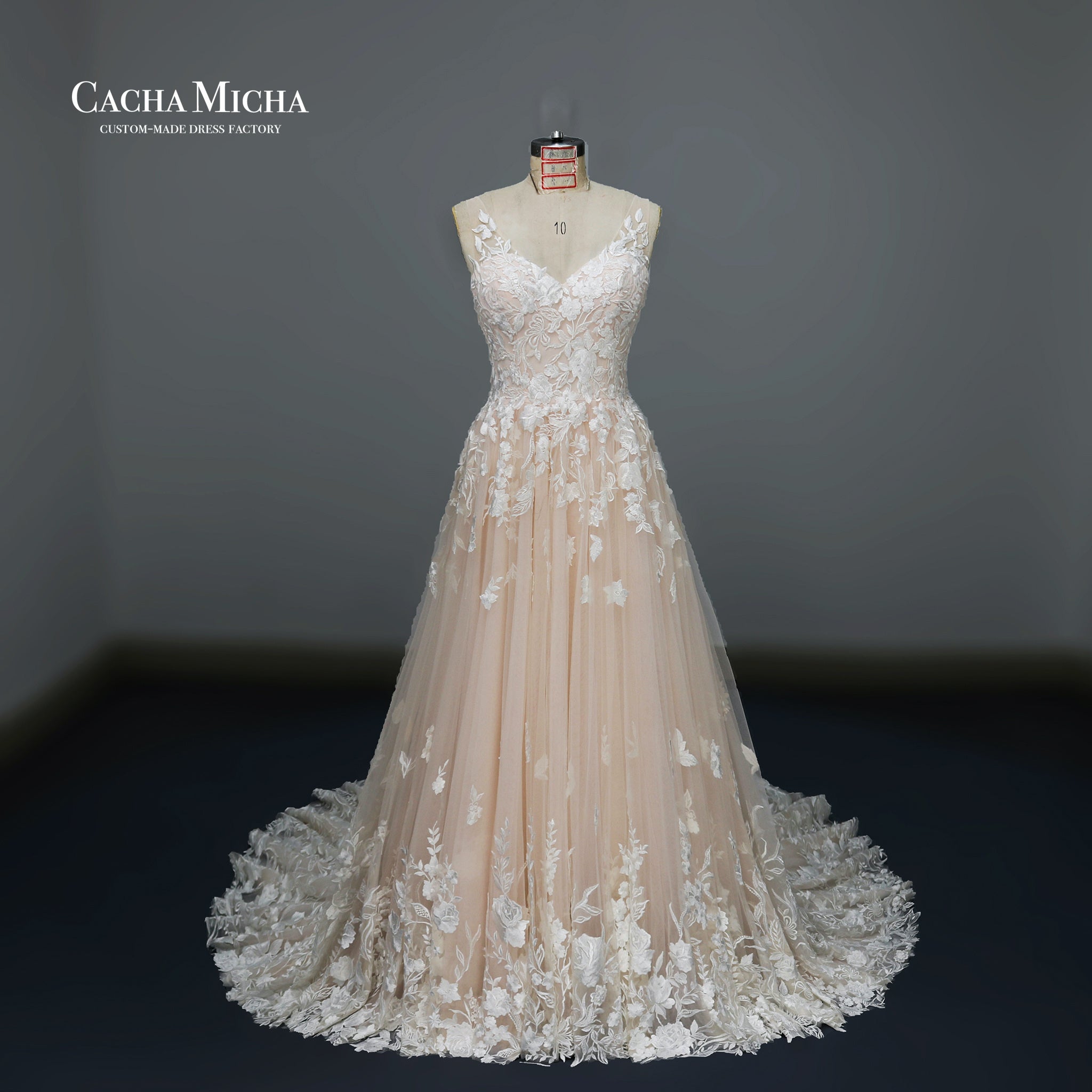 Light peach lace a line wedding dress N1020