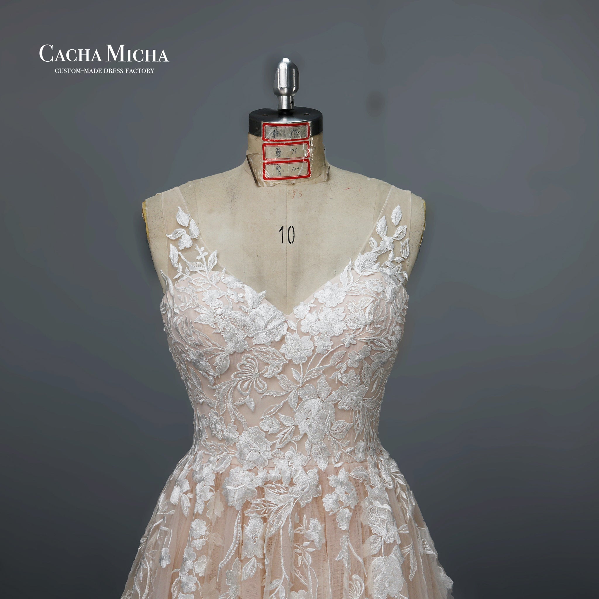 Light peach lace a line wedding dress N1020
