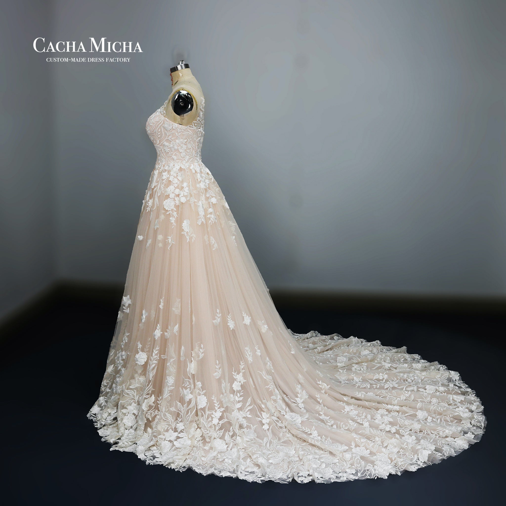 Light peach lace a line wedding dress N1020