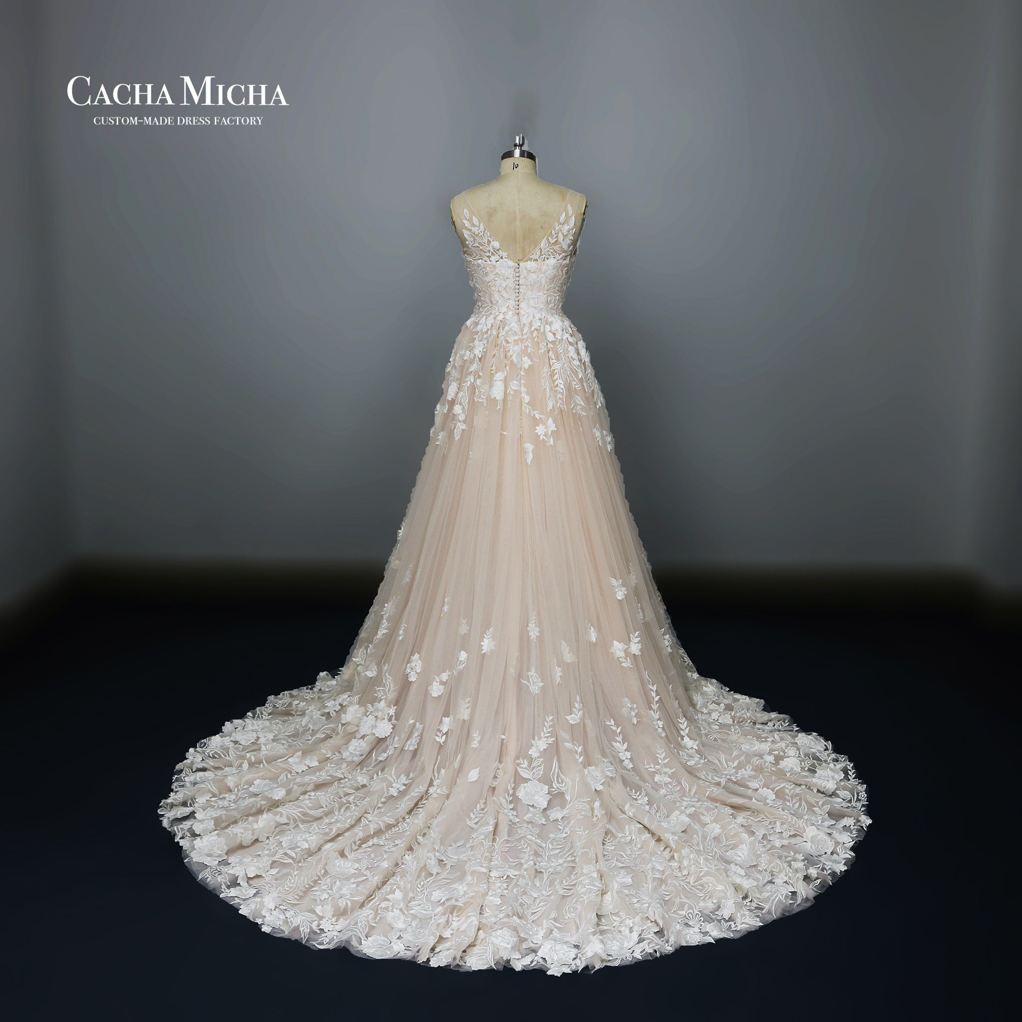Light peach lace a line wedding dress N1020