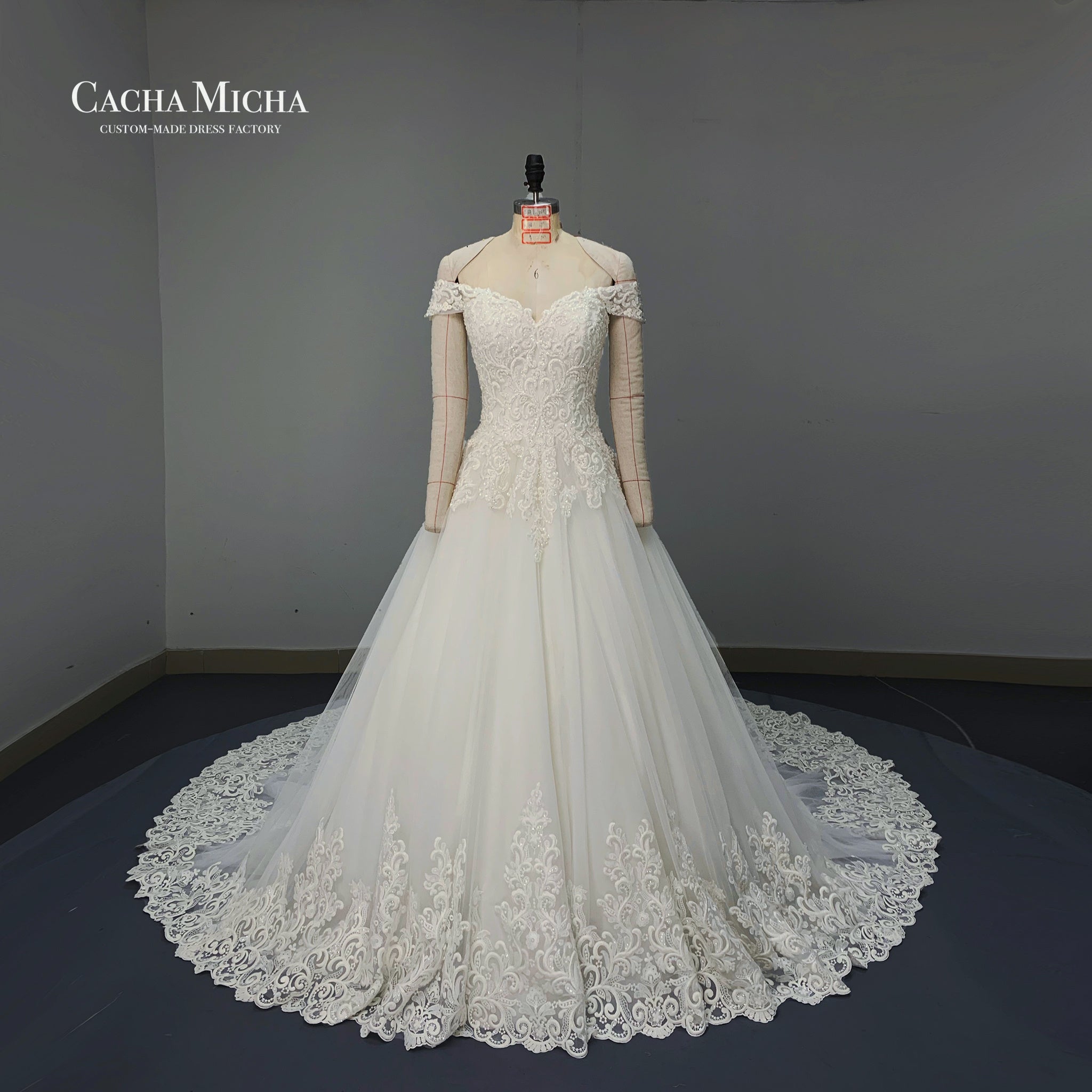 Long train lace off the shoulder wedding dress O333