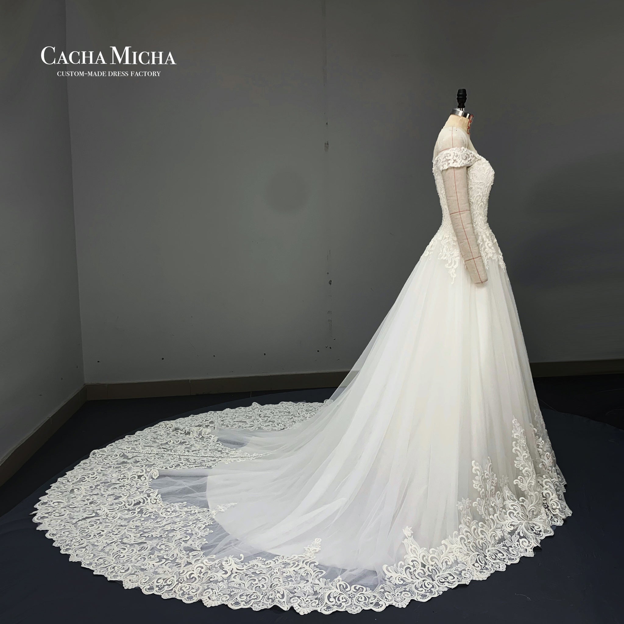Long train lace off the shoulder wedding dress O333
