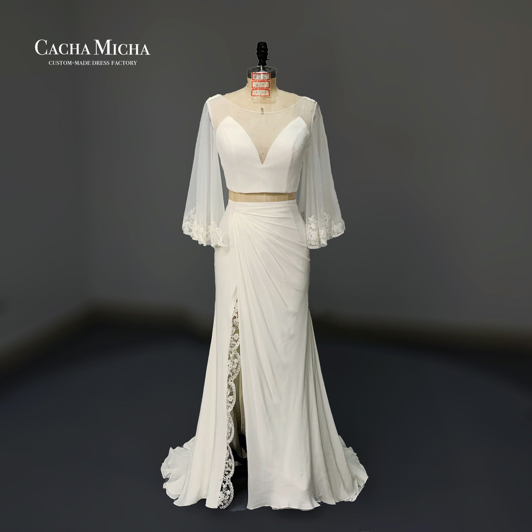 Long sleeves chiffon skirt 2 pieces wedding dress O356